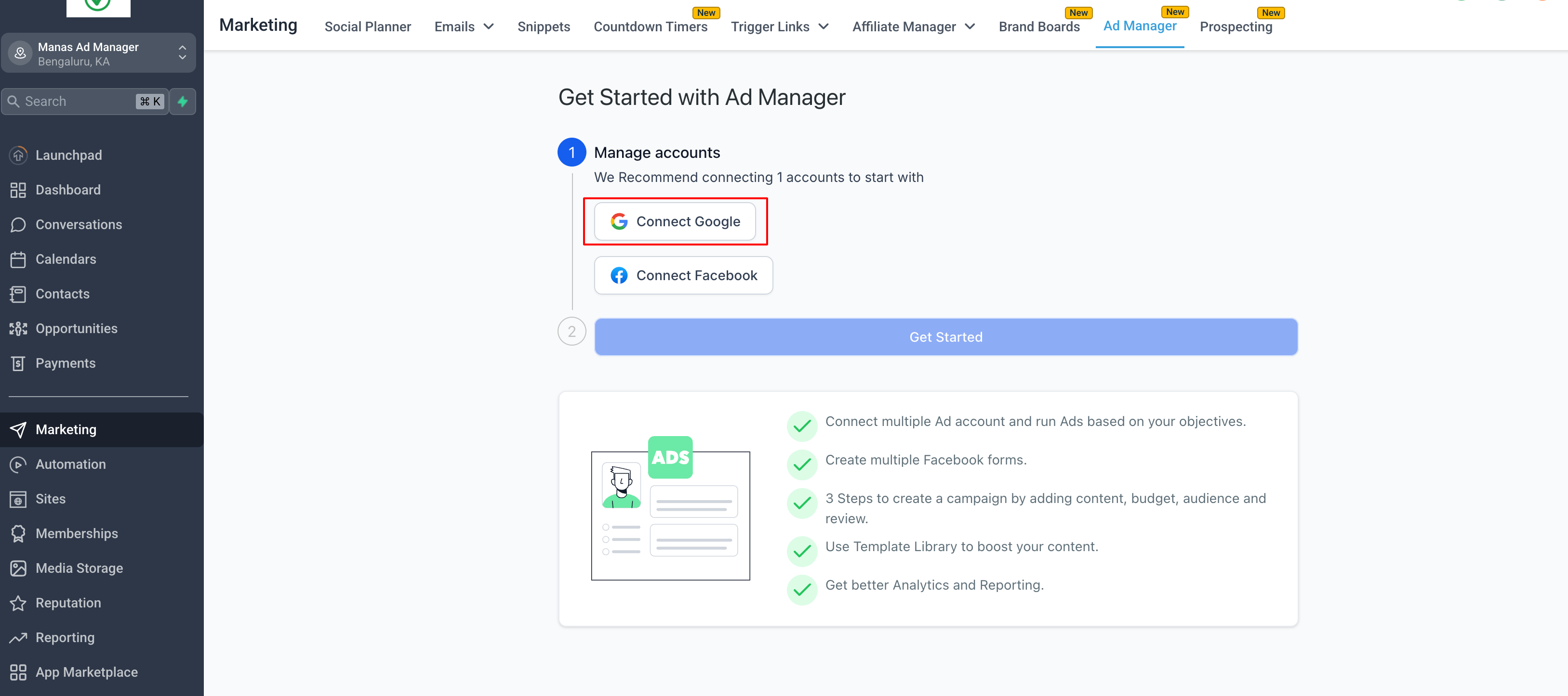 HighLevel Ad Manager interface with Google Ads integration enabled and 