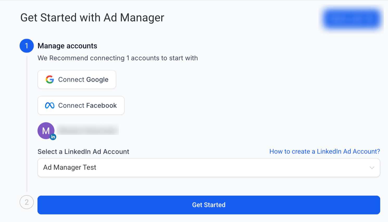 HighLevel Ad Manager onboarding screen with options to connect Google, Facebook, and LinkedIn ad accounts, highlighting LinkedIn as a new integration.