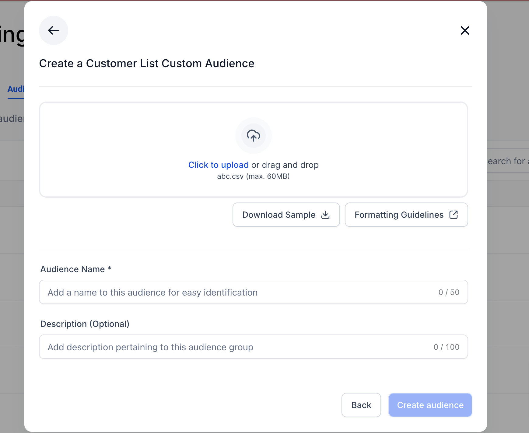 HighLevel ad manager screen for creating customer list custom audiences with CSV upload