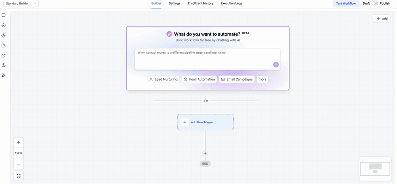 HighLevel AI workflow builder prompt screen generating a workflow from a chat request