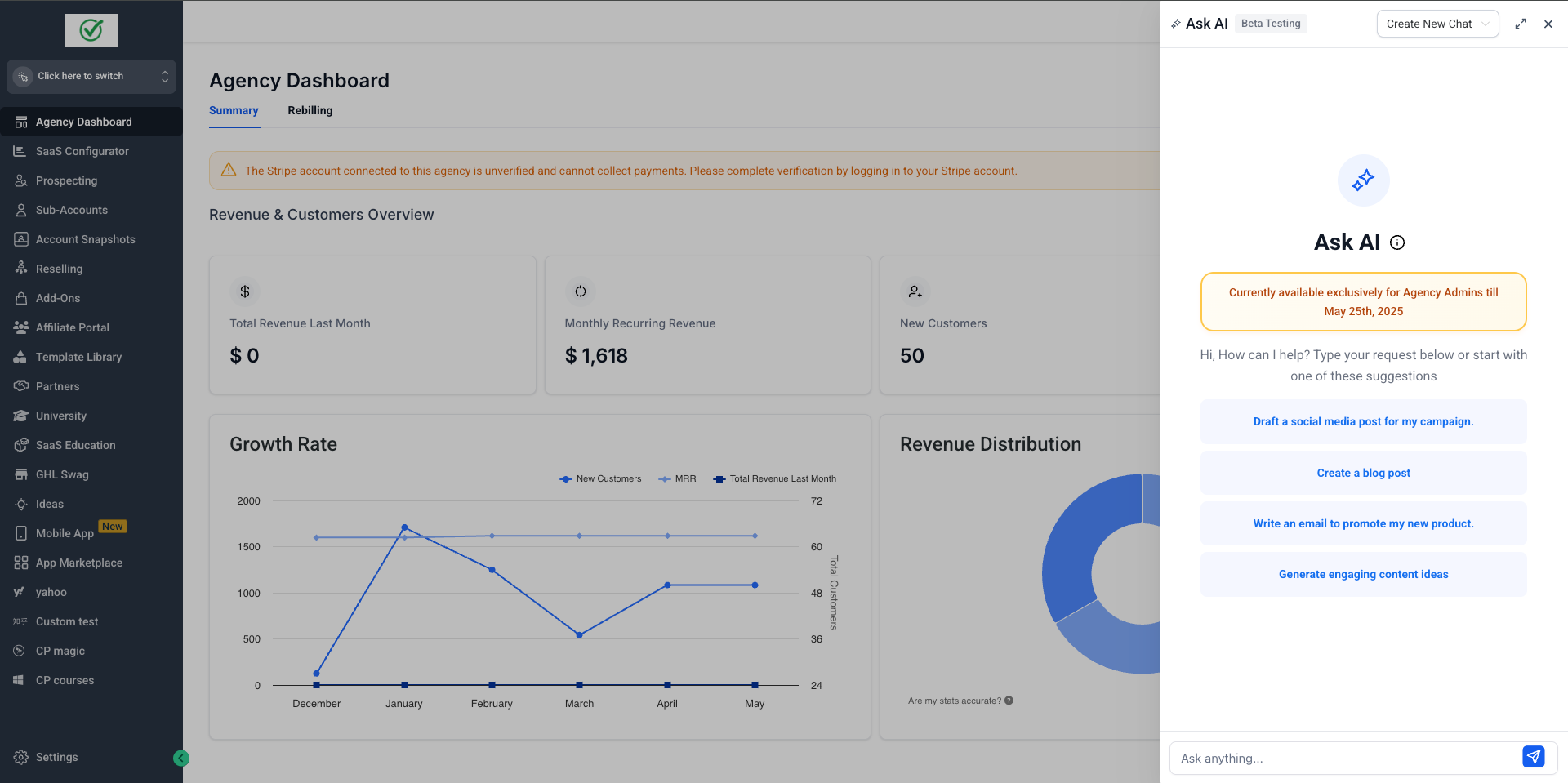 HighLevel Ask AI beta tool interface with suggested prompts and status notice for agency admins.