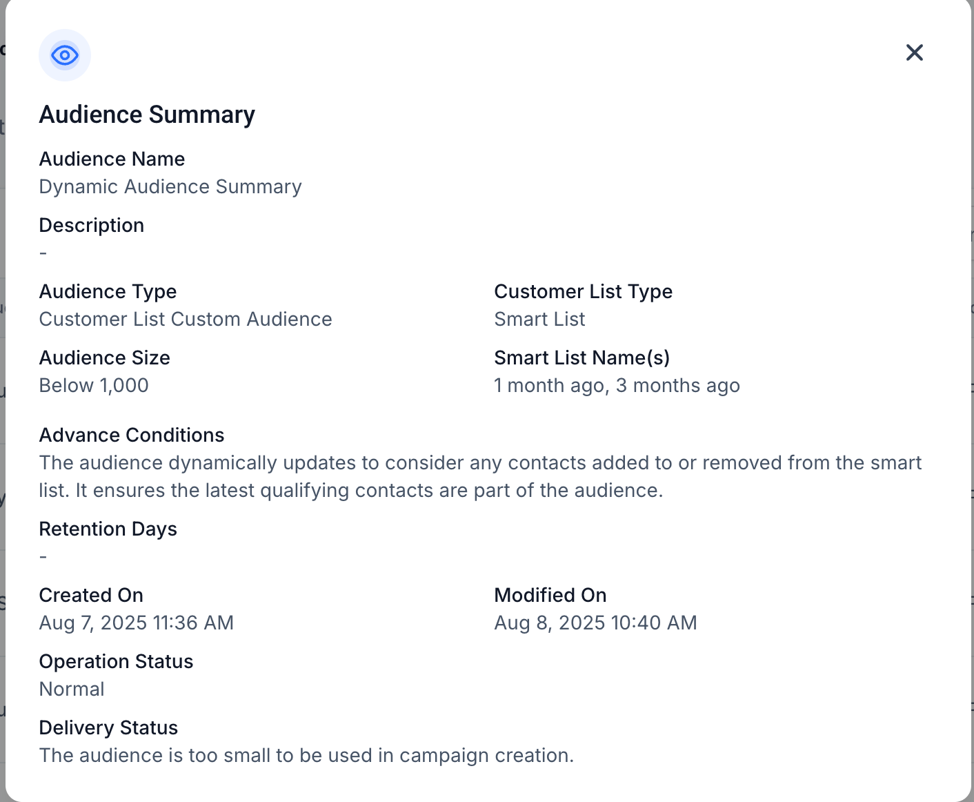 HighLevel audience summary screen for a dynamic Smart List custom audience.