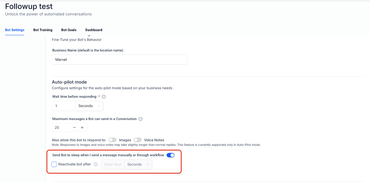 HighLevel bot settings showing 