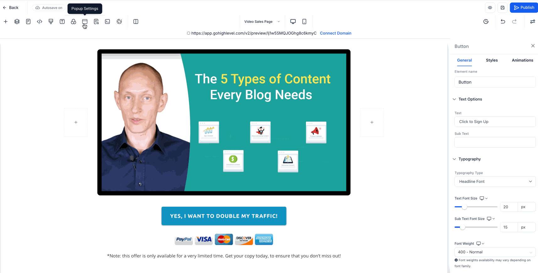 HighLevel builder showing multiple popups triggered from different buttons