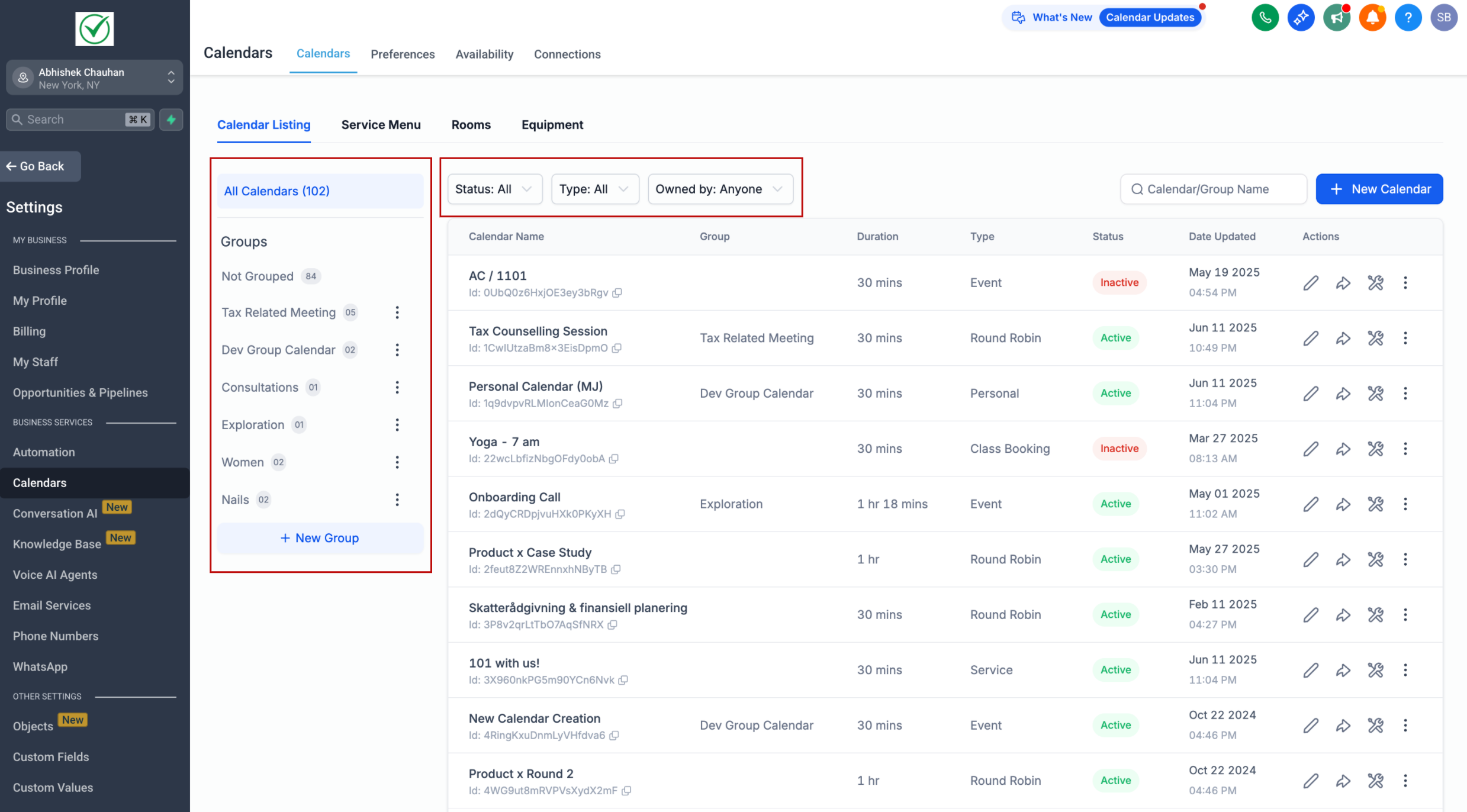 HighLevel calendar settings interface showing redesigned grouping, filters, and calendar management view