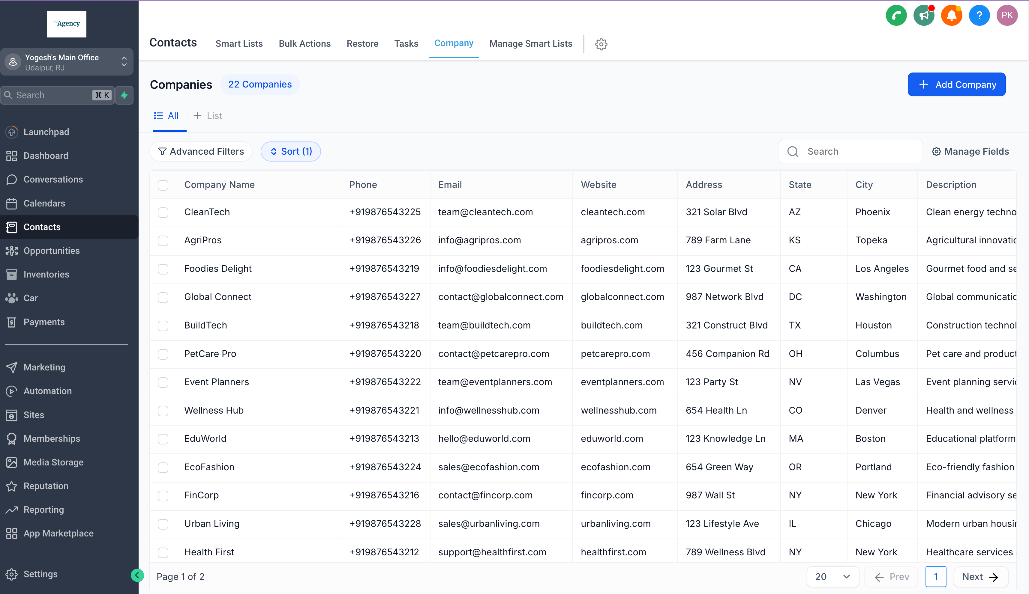 HighLevel Companies module view displaying a list of company names, contacts, emails, and associated information used for referral tracking