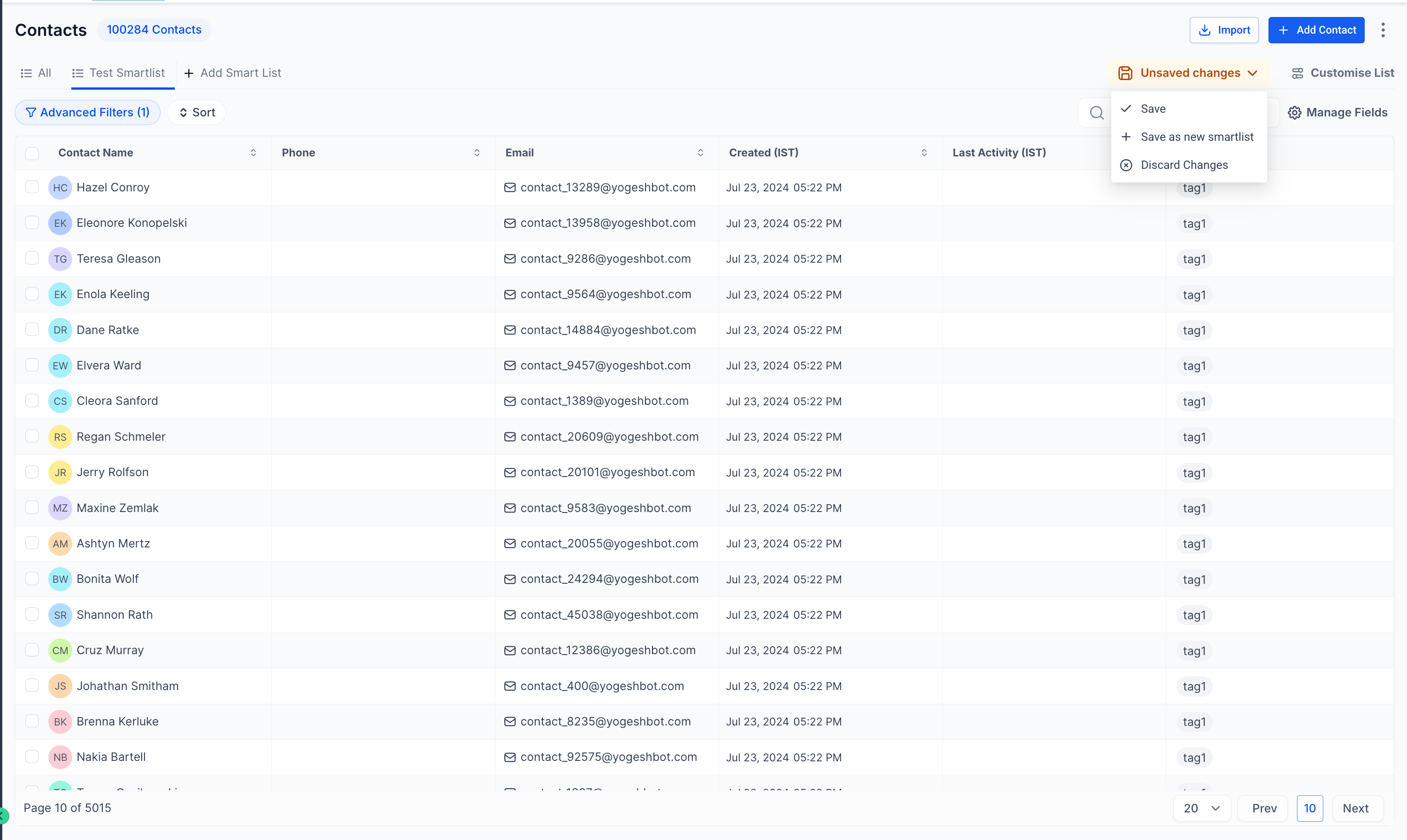 HighLevel contact list view with phone numbers and email addresses. Smart List features include column sorting, bulk selection, and an 