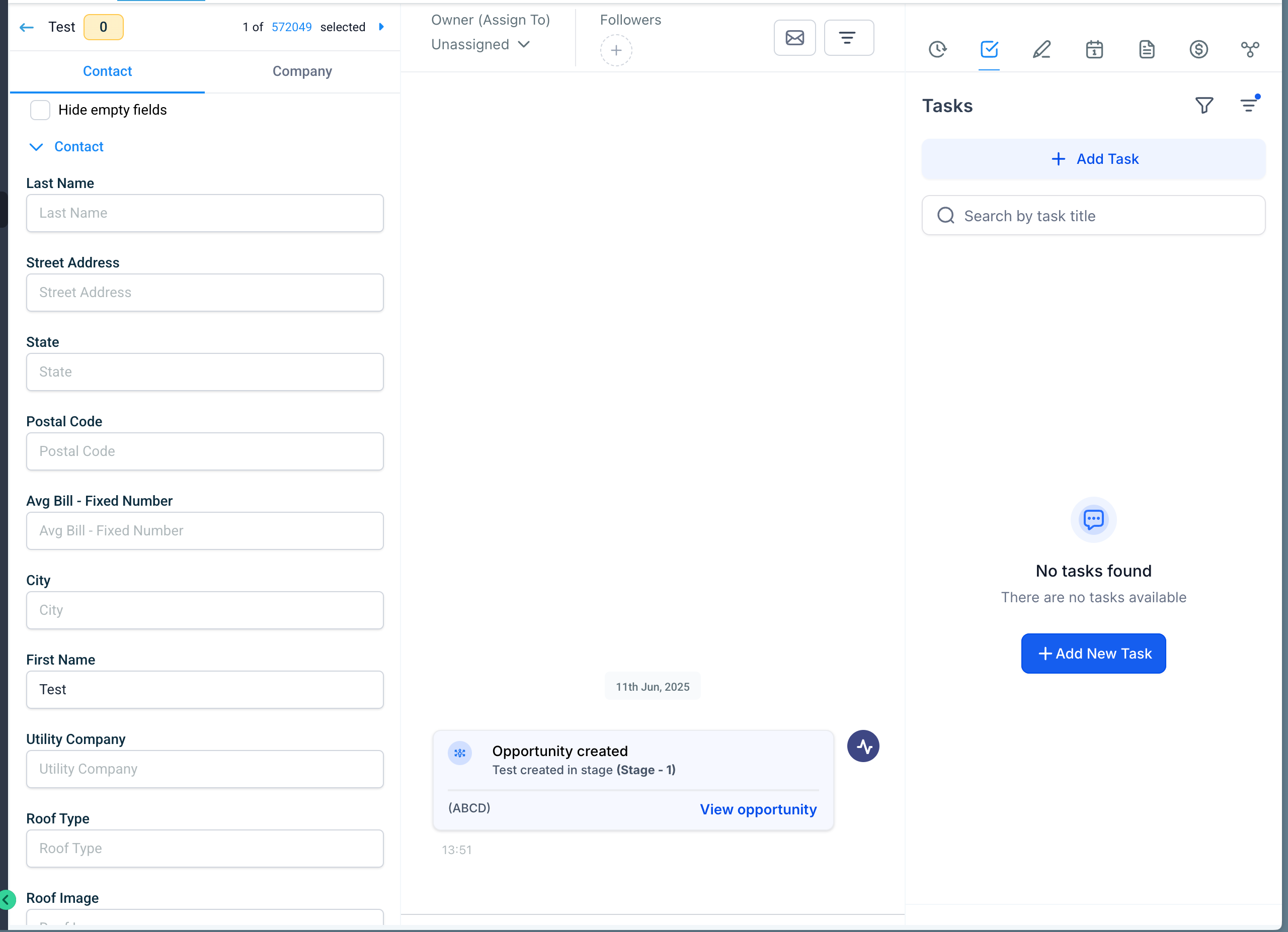 HighLevel contact profile and task panel showing updated task creation UI with new filter and add task option