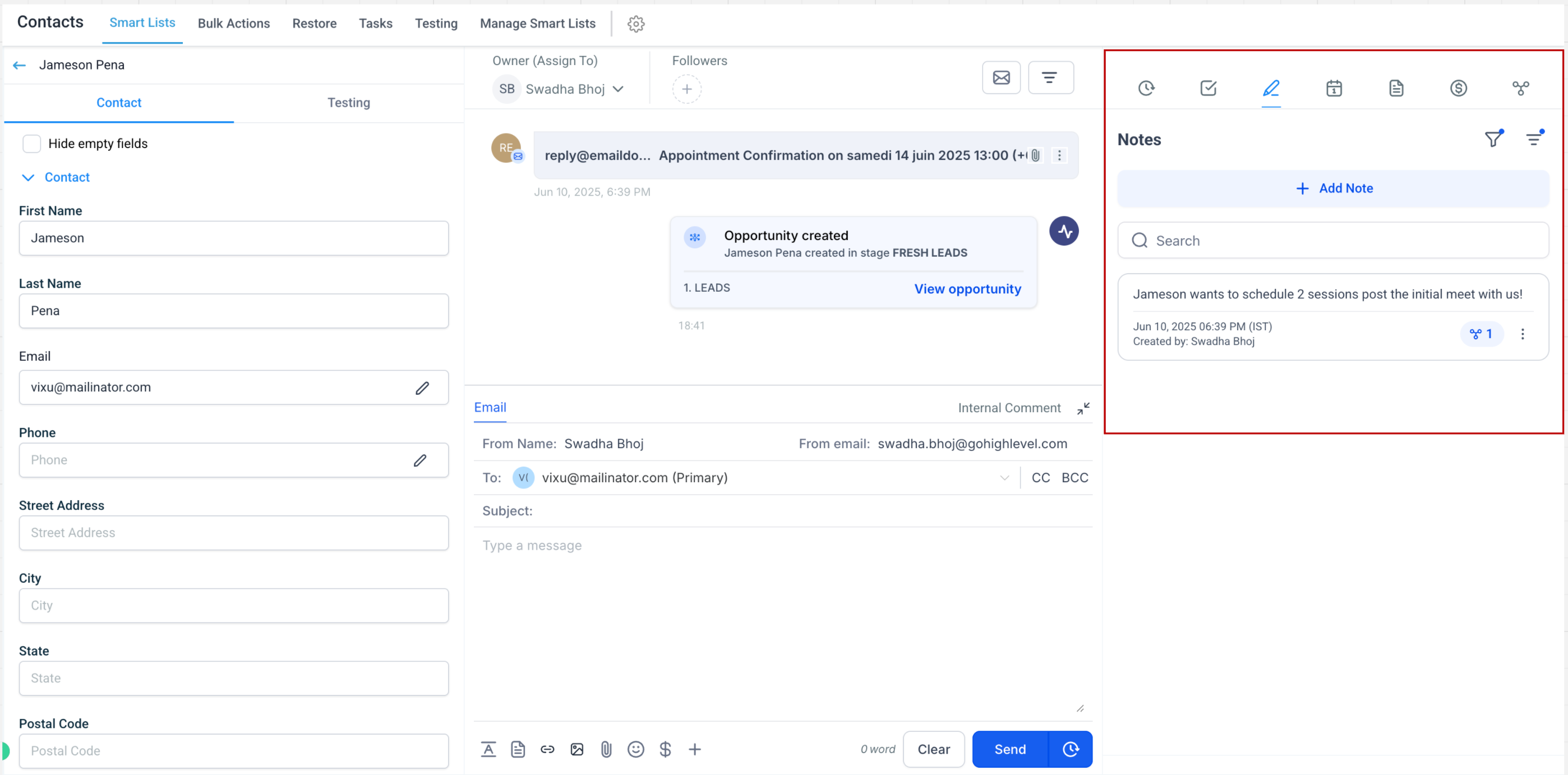 HighLevel contact record showing synced appointment note now visible in the contact's notes section