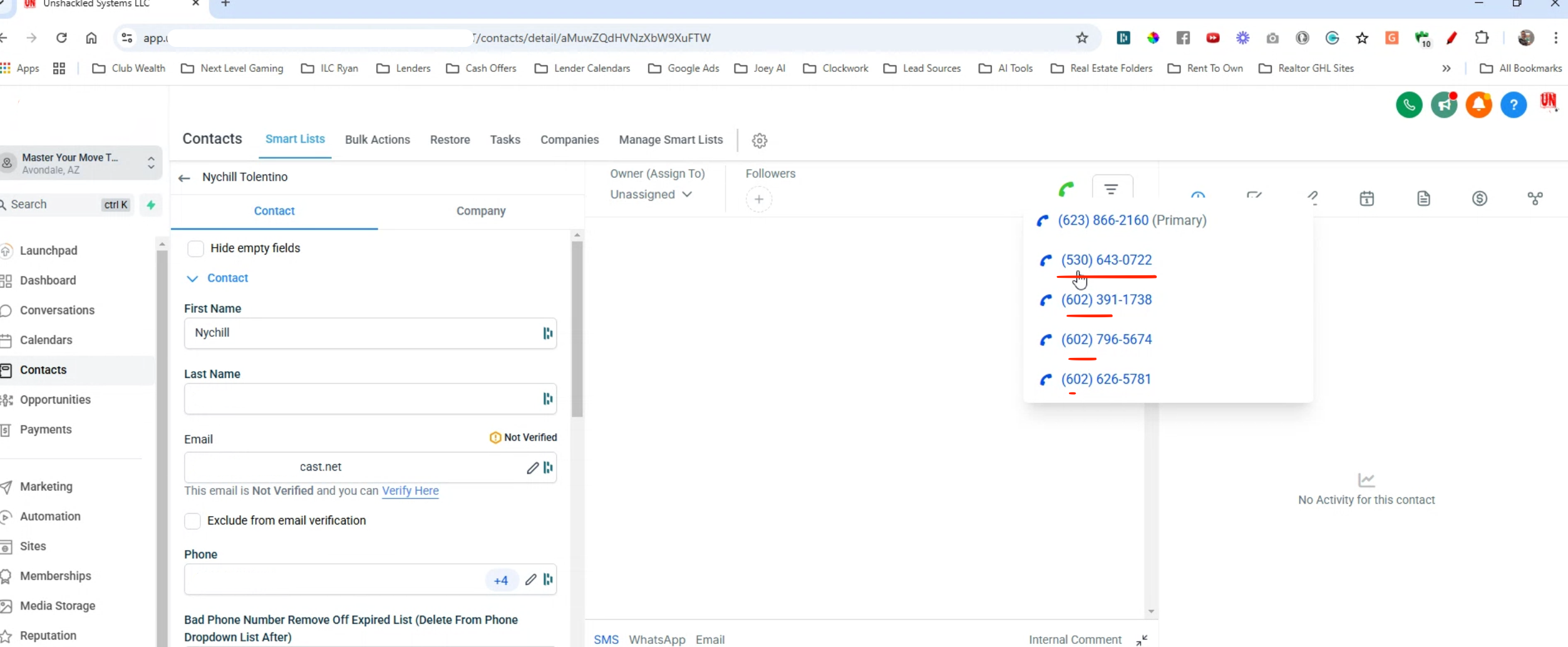 HighLevel contact screen showing multiple caller ID phone number options with friendly names