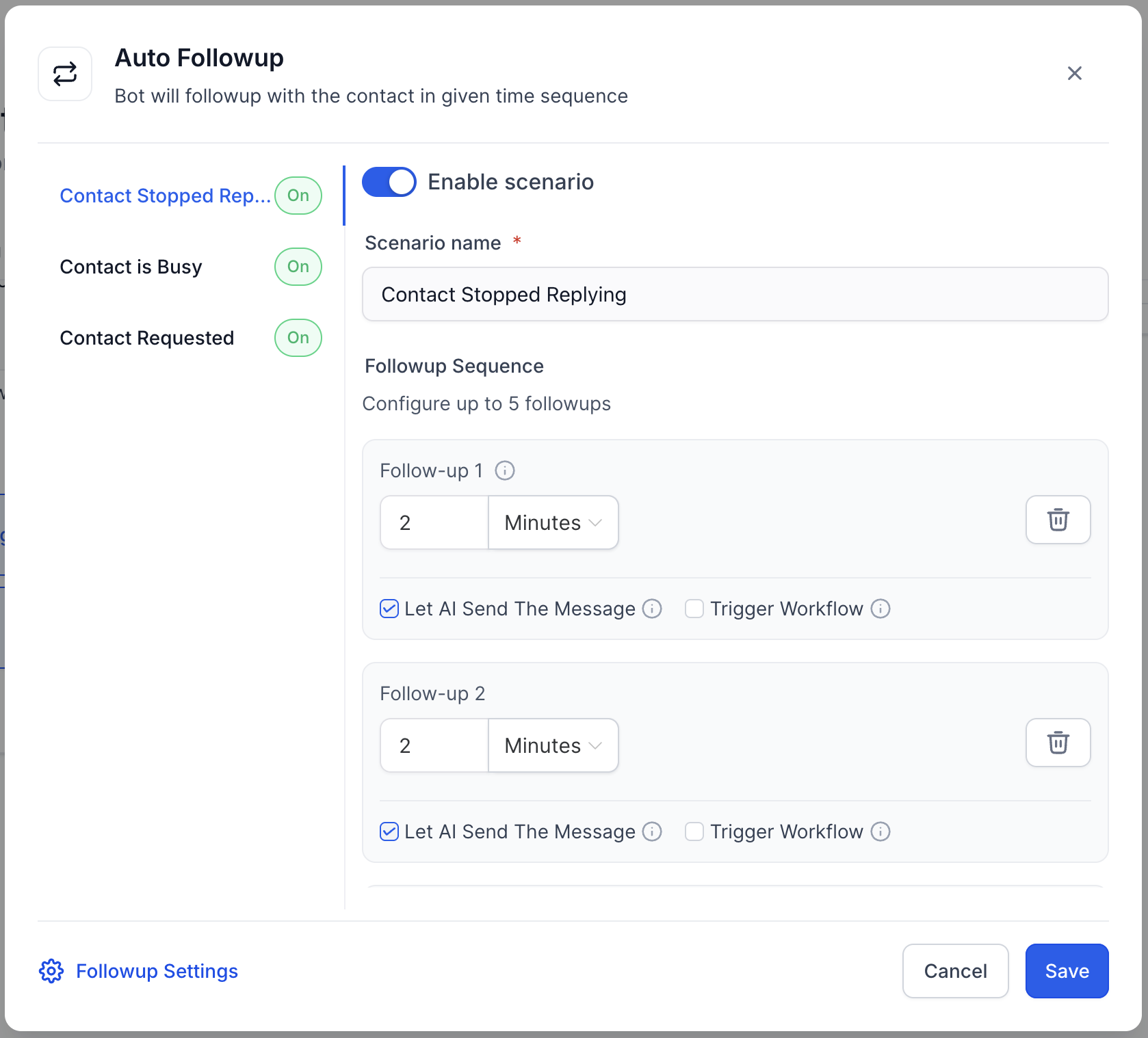 HighLevel Conversation AI auto follow-up settings showing follow-up sequences and 