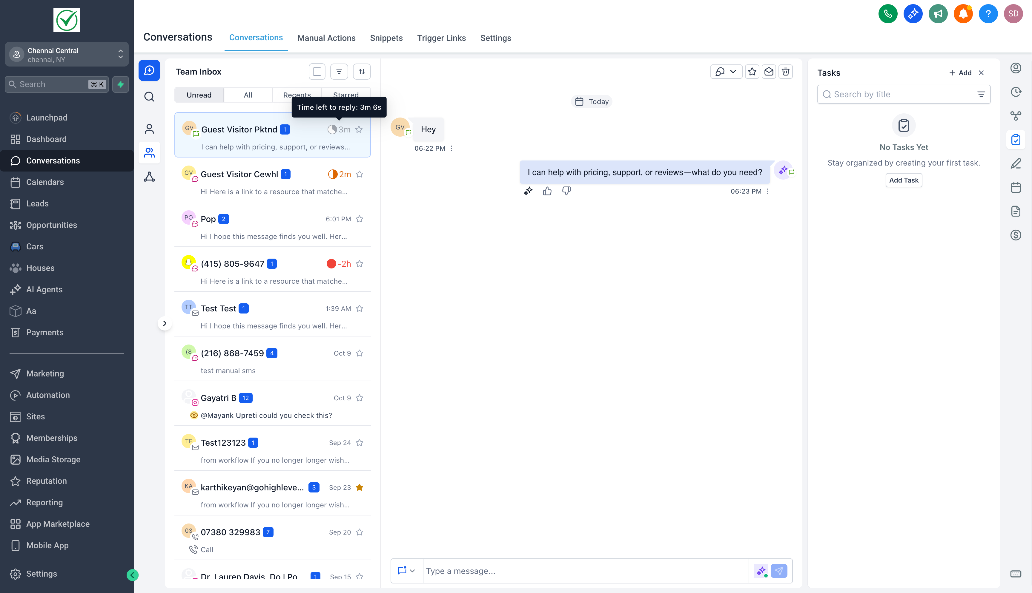 HighLevel Conversations interface showing the Team Inbox with multiple guest chat threads on the left, an active chat conversation with automated responses in the center, and a task panel on the right. A tooltip indicates a time left to reply. 3 minutes and 6 seconds. displaying SLA countdown functionality.