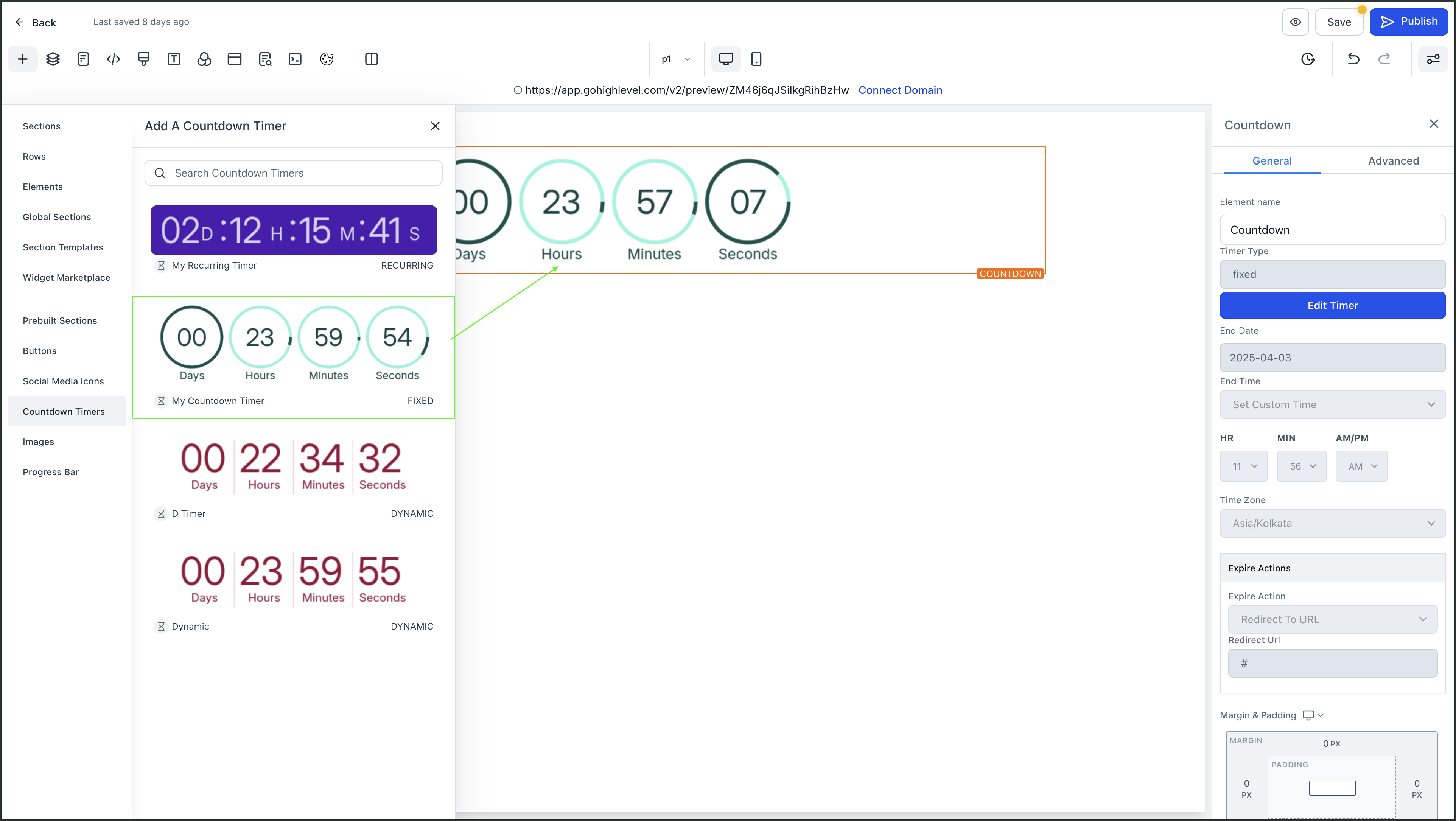 HighLevel countdown timer builder showing timer type selection (Fixed, Recurring, Dynamic), live timer preview, and customization panel with date, time, and redirect actions.