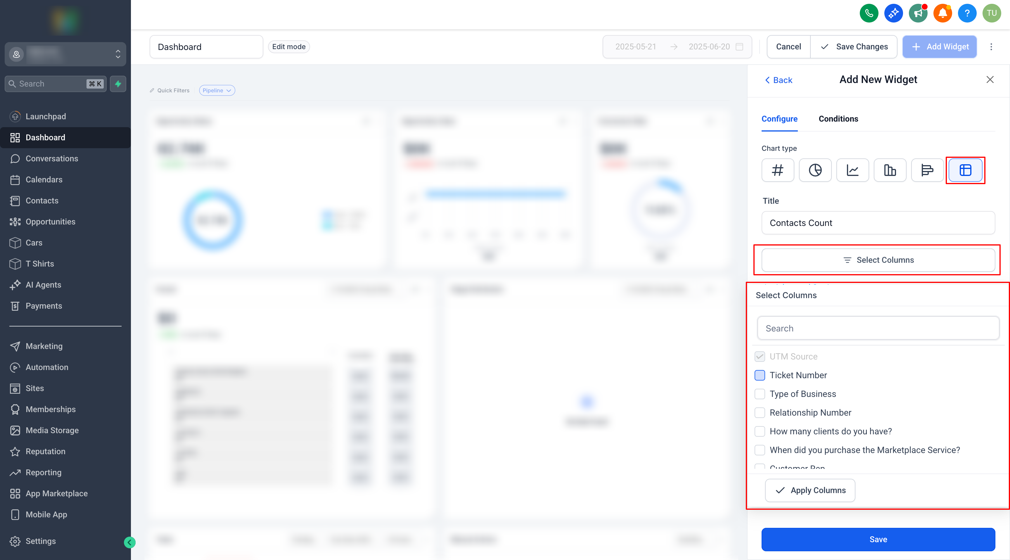 HighLevel dashboard customization screen showing table widget setup with selectable custom fields for display