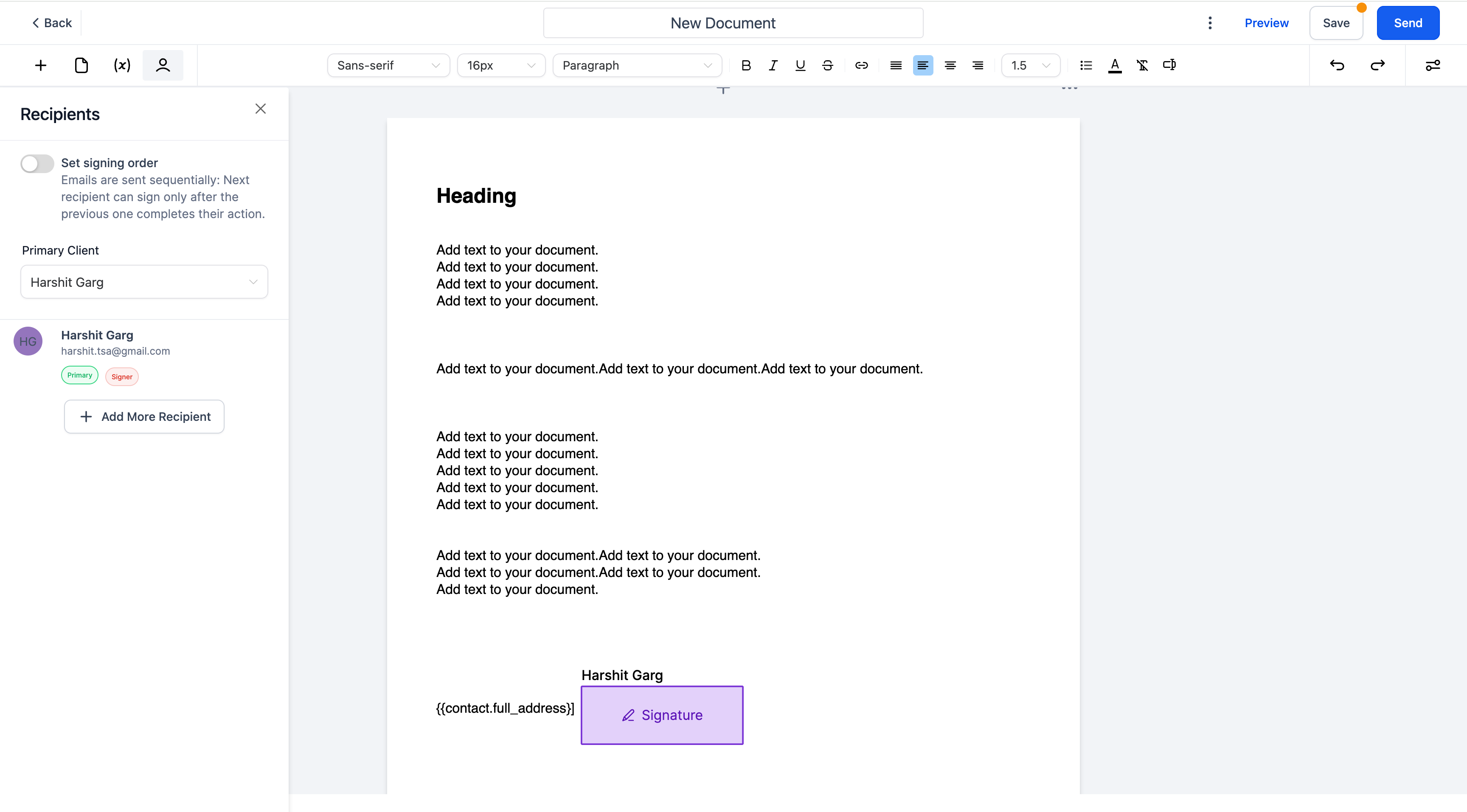 HighLevel document builder interface with recipient info and custom signature placement for digital forms