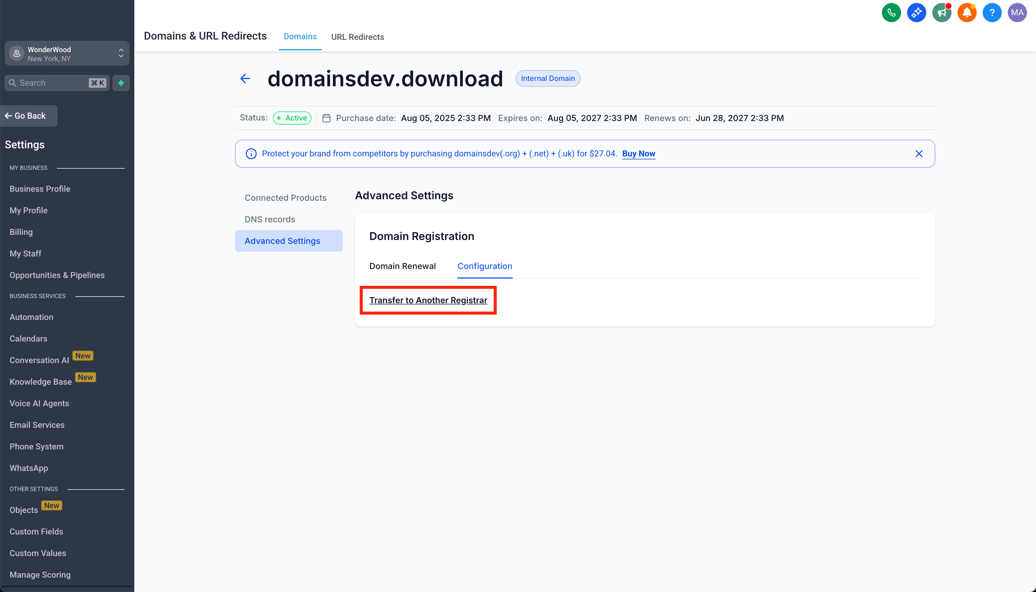 HighLevel domain settings screen showing the new 