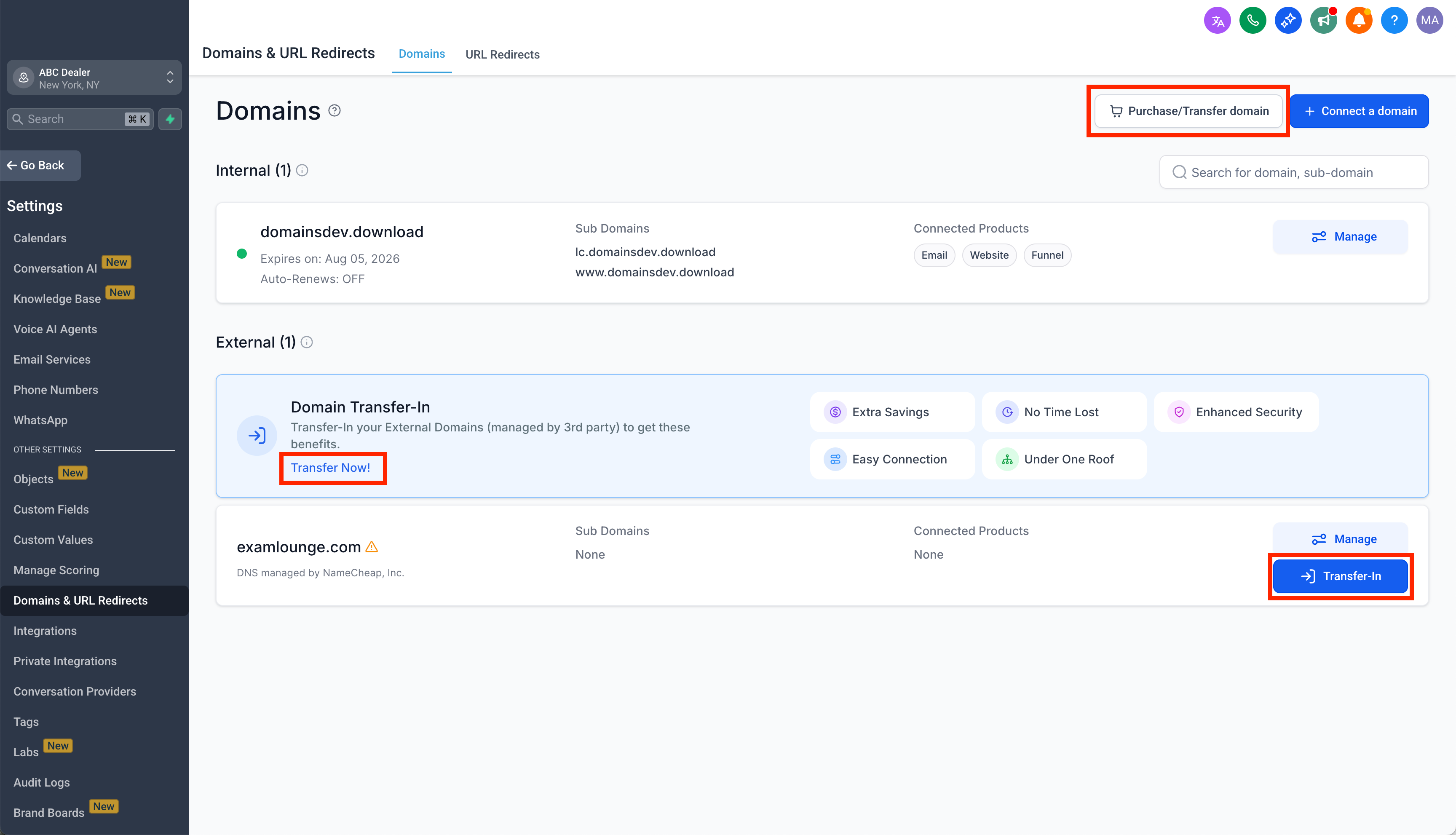 HighLevel domains settings page showing option to transfer external domains into HighLevel with buttons labeled 