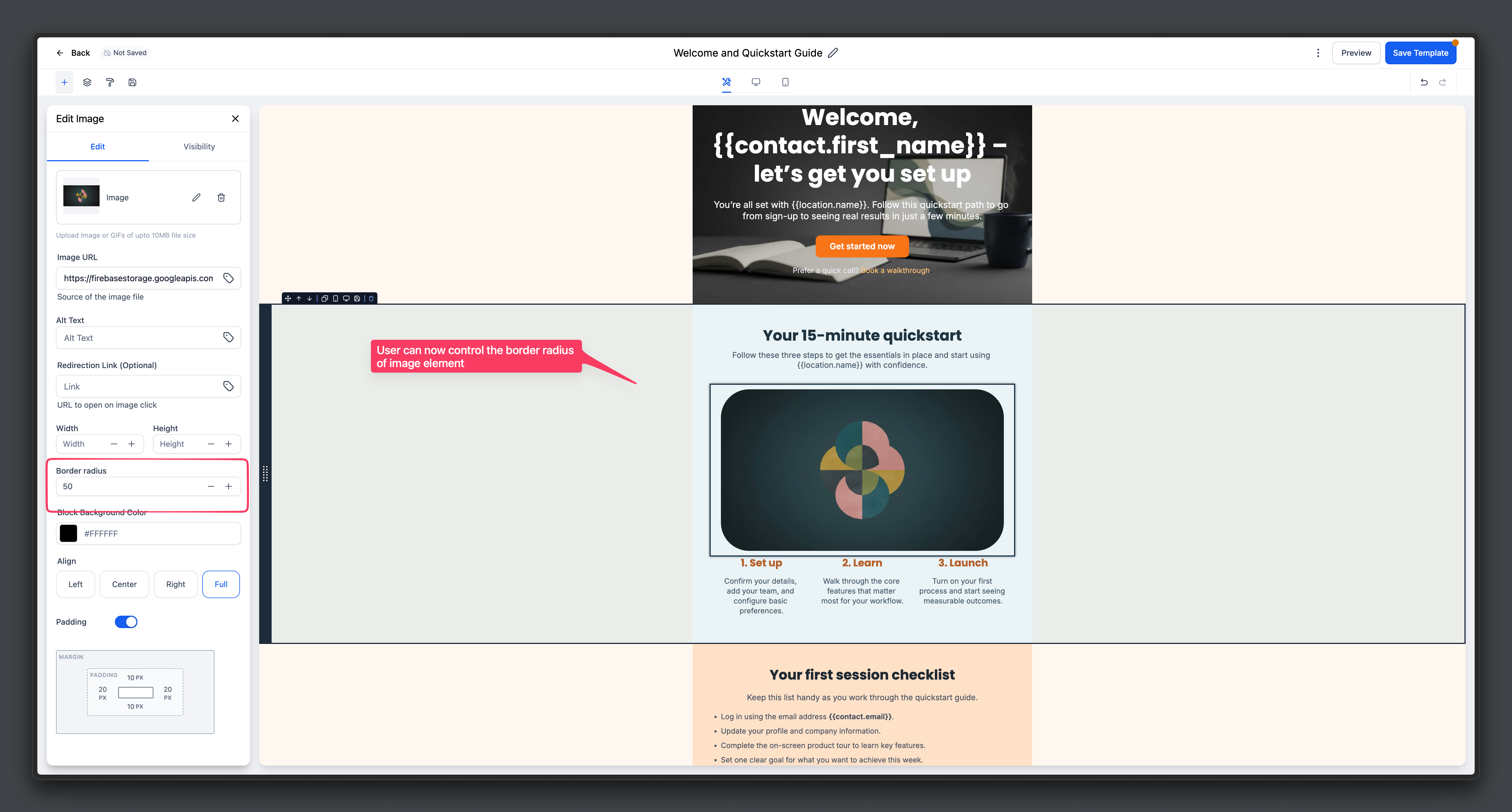 HighLevel email builder editor showing improved controls and image border radius settings
