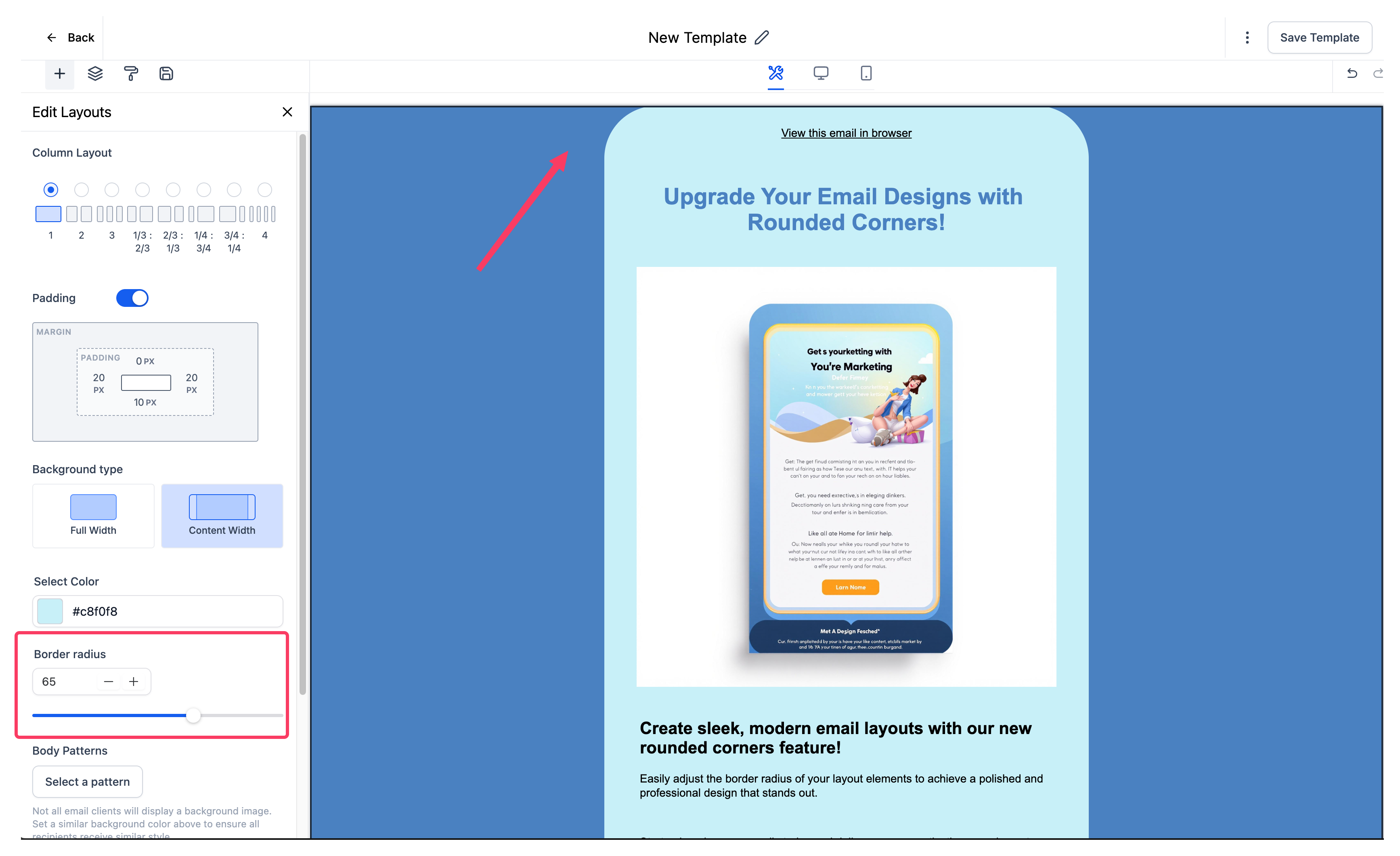 HighLevel email builder with layout editing panel showing border radius and rounded corner preview