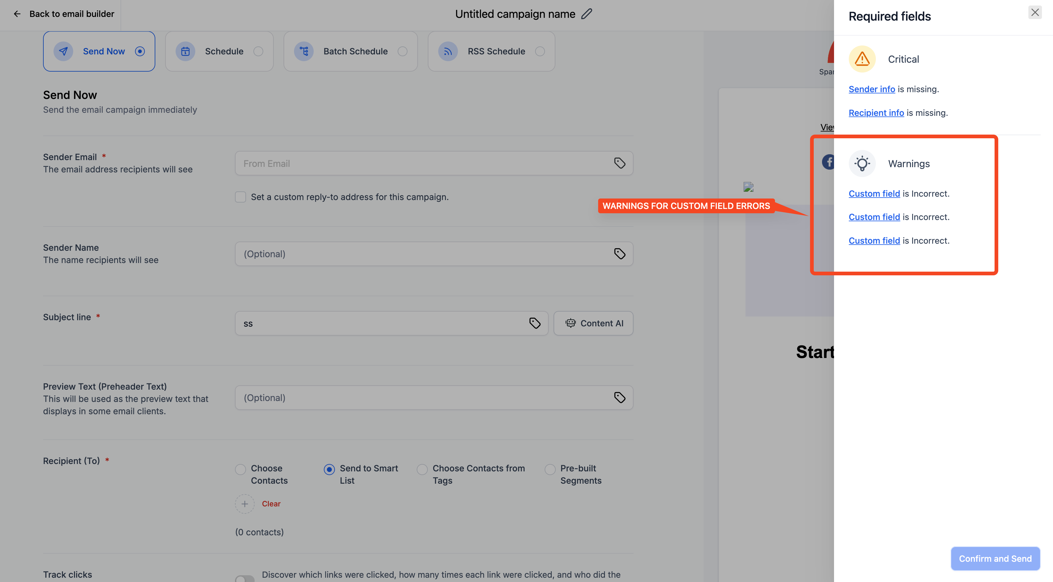 HighLevel email builder with new error alerts for incorrect or missing custom fields