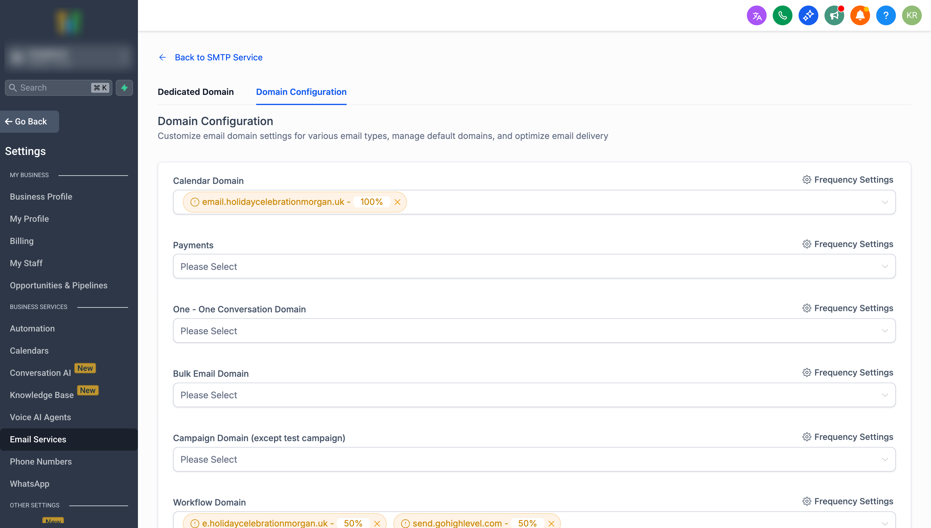 HighLevel email services configuration screen showing custom domain settings for calendar, workflows, bulk emails, and campaigns.