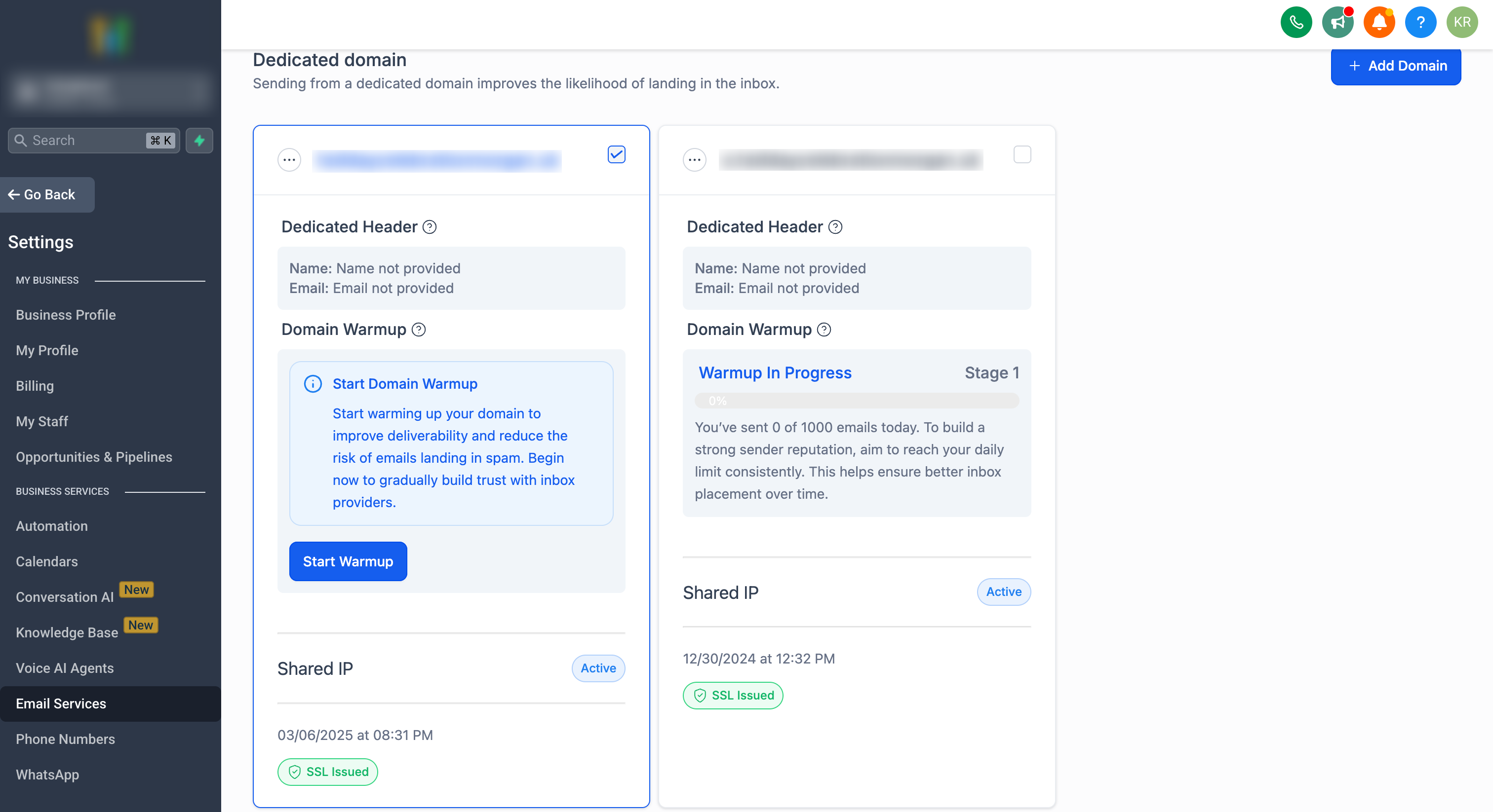HighLevel email services settings displaying domain warm-up progress bars, showing daily send limits and reputation status to improve email deliverability.