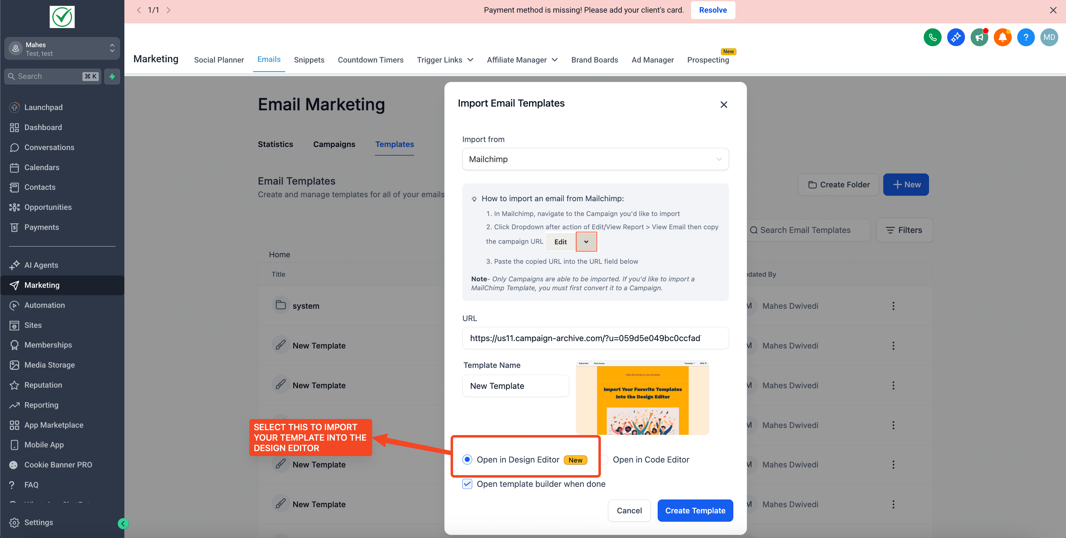 HighLevel email template import screen with option to bring in Mailchimp campaigns directly into the design editor.