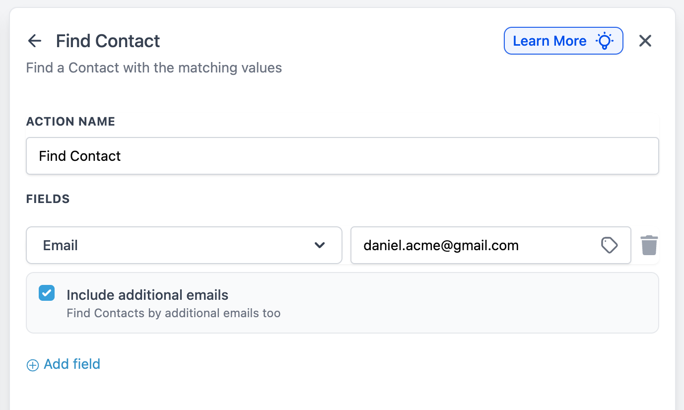 HighLevel Find Contact action with include additional emails enabled for duplicate matching