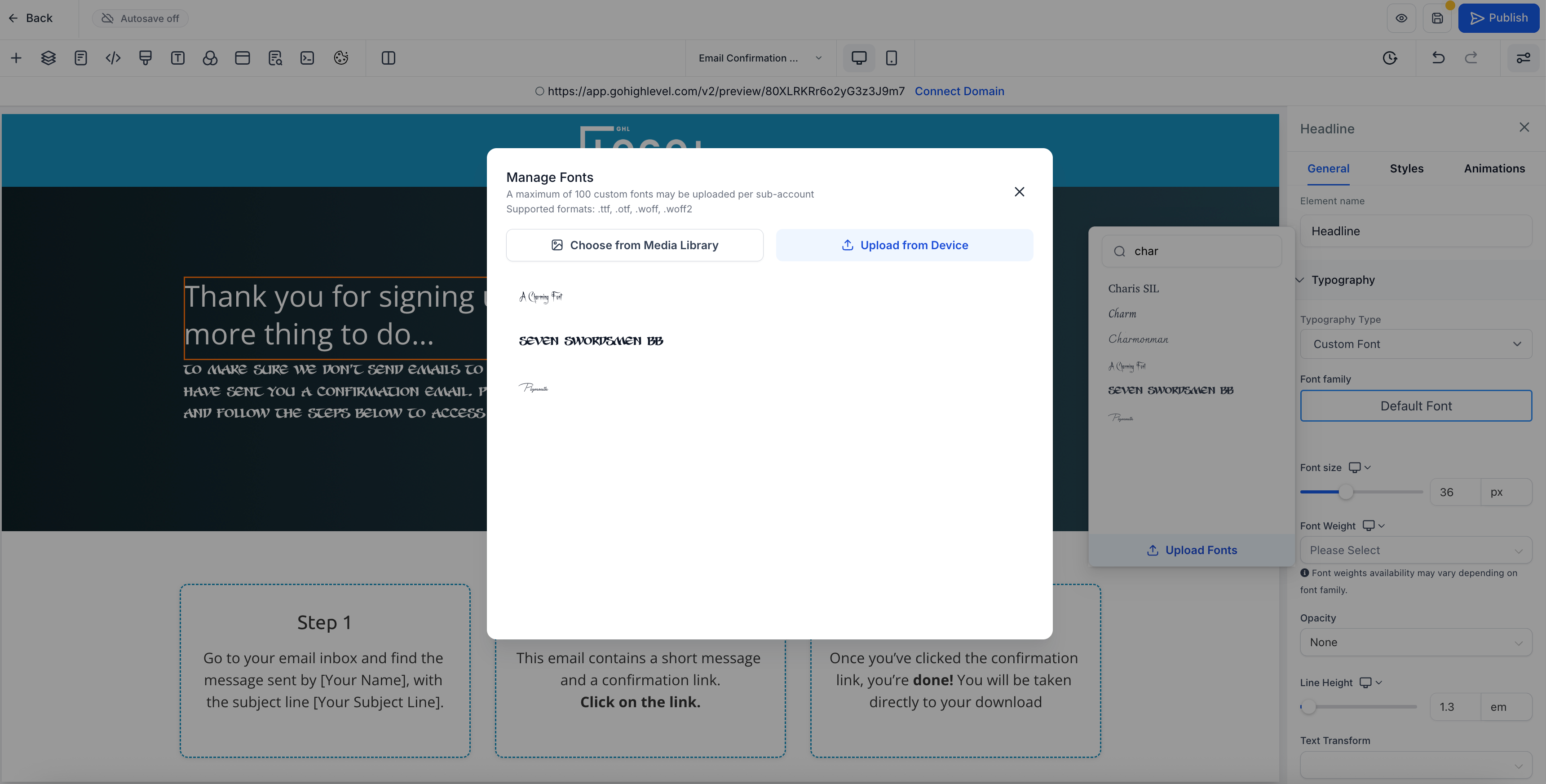 HighLevel font management window displaying uploaded custom fonts in various styles, with options to choose from the media library or upload from a device.