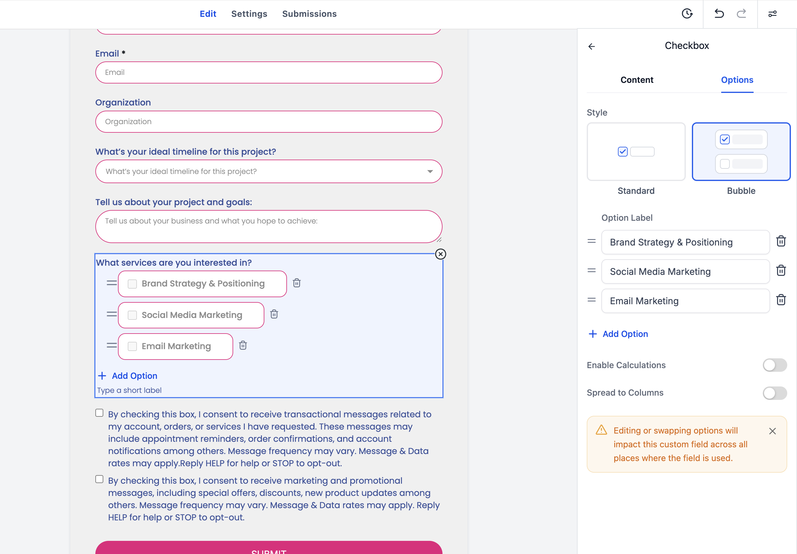 HighLevel form builder showing a multiple-choice field with the new bubble styling option selected, displaying choices like 