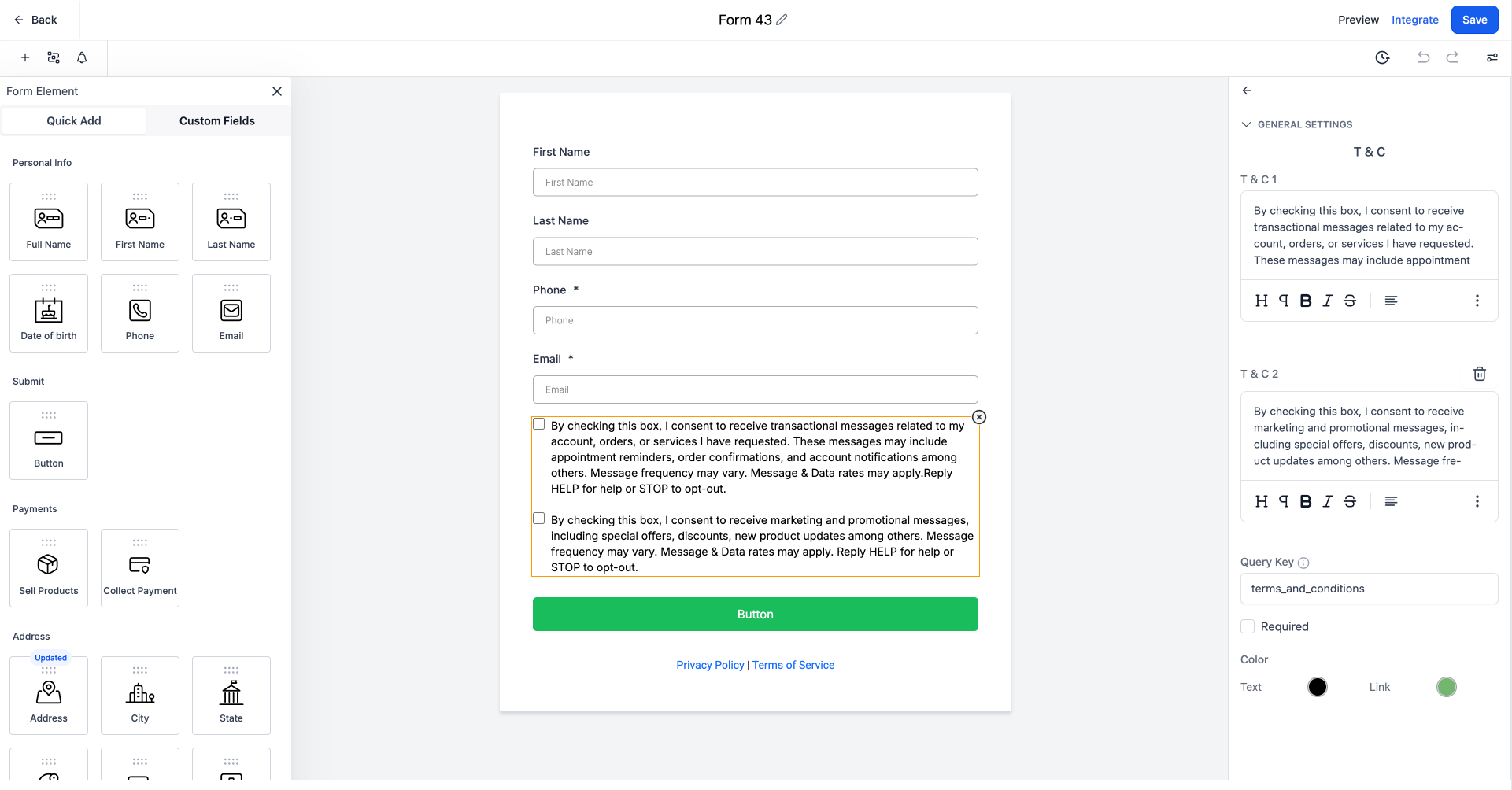 HighLevel form builder showing two separate consent checkboxes for transactional and marketing messages, with editable text and settings panel visible on the right.