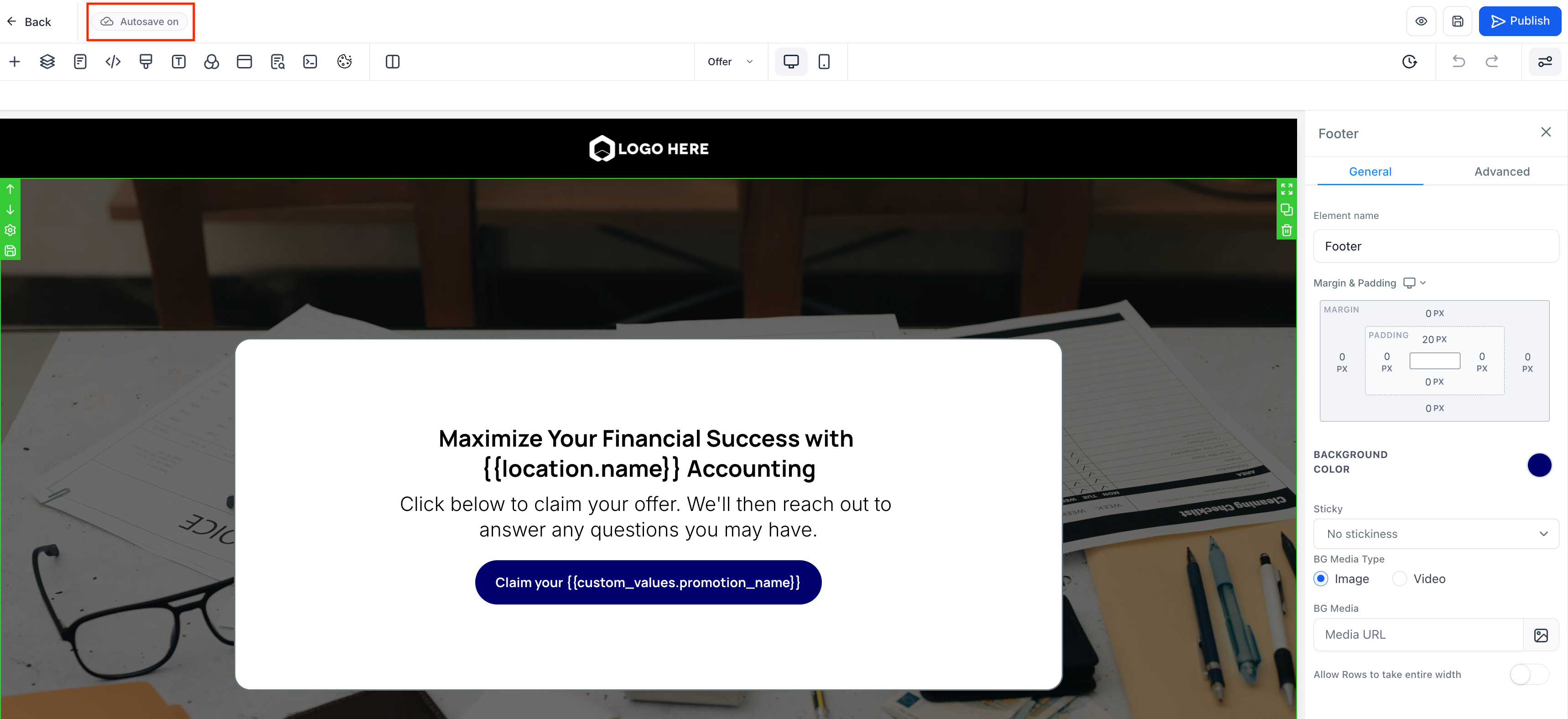 HighLevel funnel builder showing 'Autosave On' in the editor with section settings panel open.