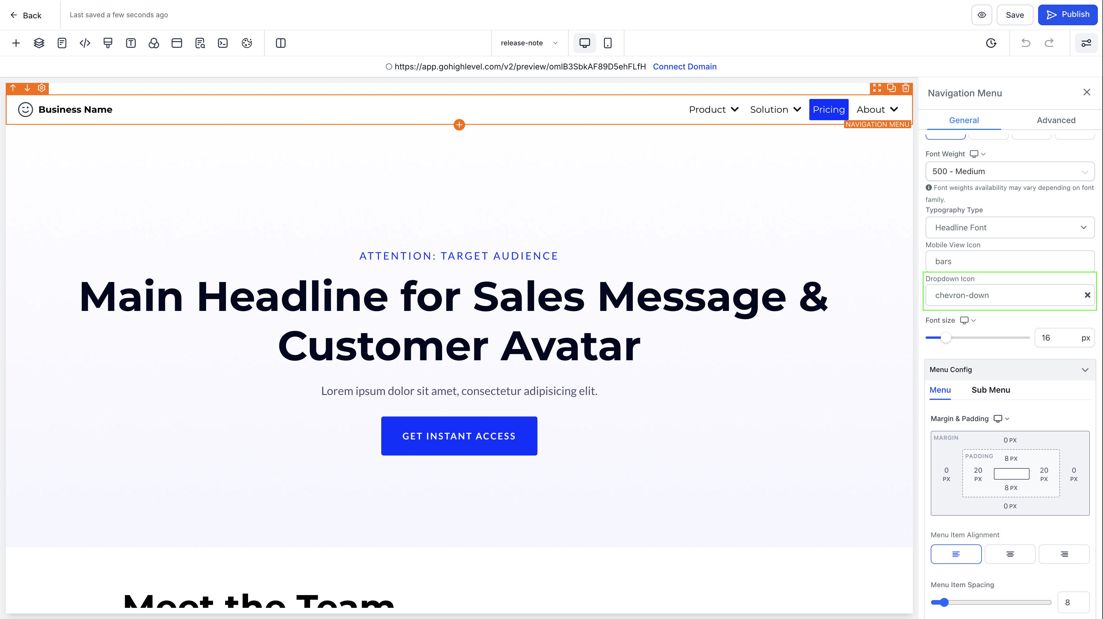 HighLevel funnel builder with mega menu navigation settings and layout customization