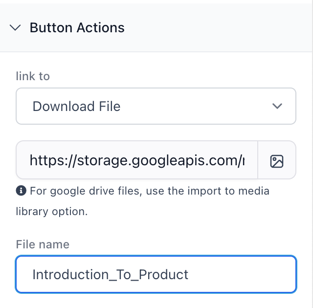 HighLevel funnel button settings configured to download a file directly from media storage instead of redirecting