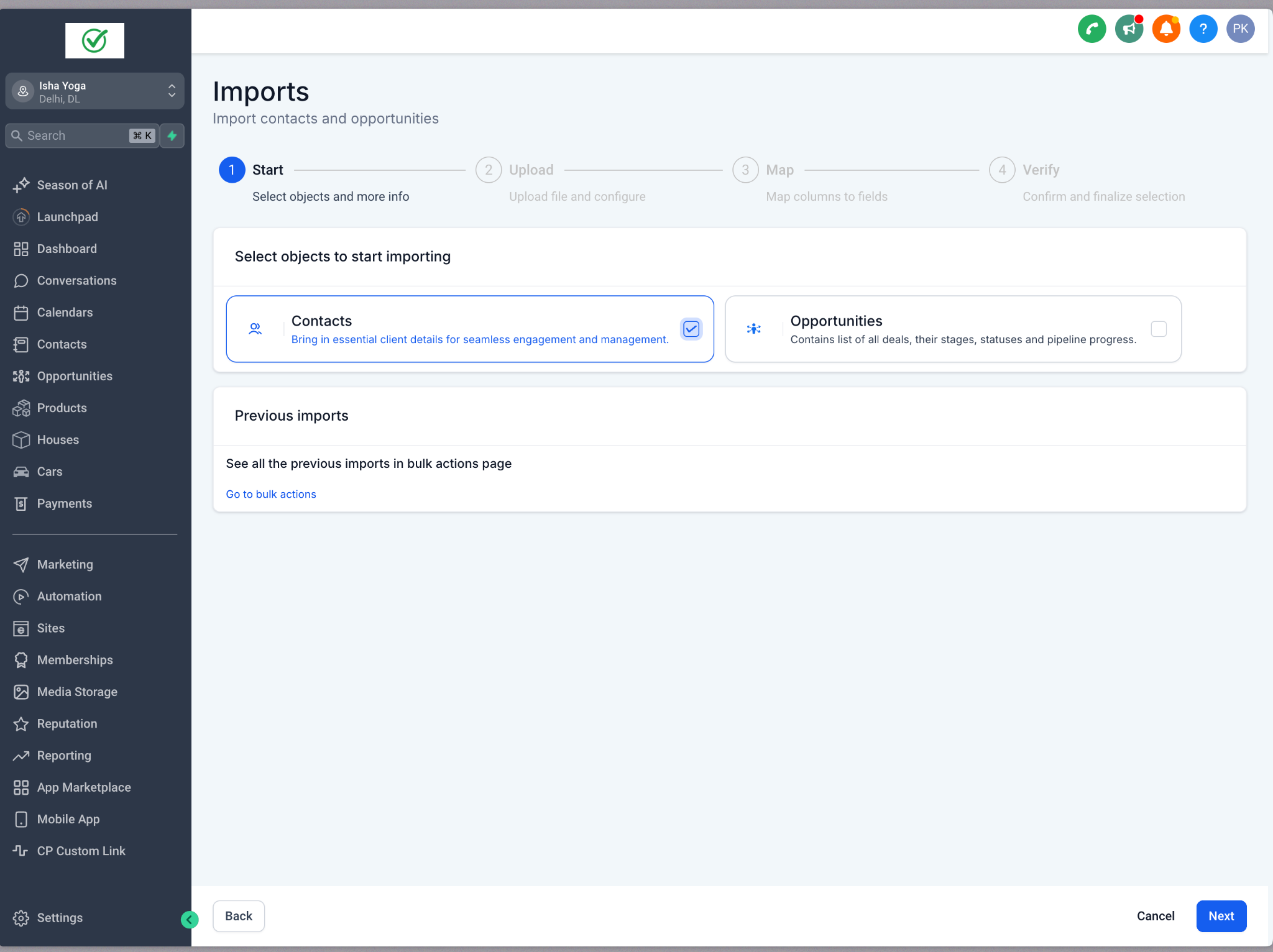 HighLevel import wizard for contacts and opportunities with streamlined bulk actions and object selection