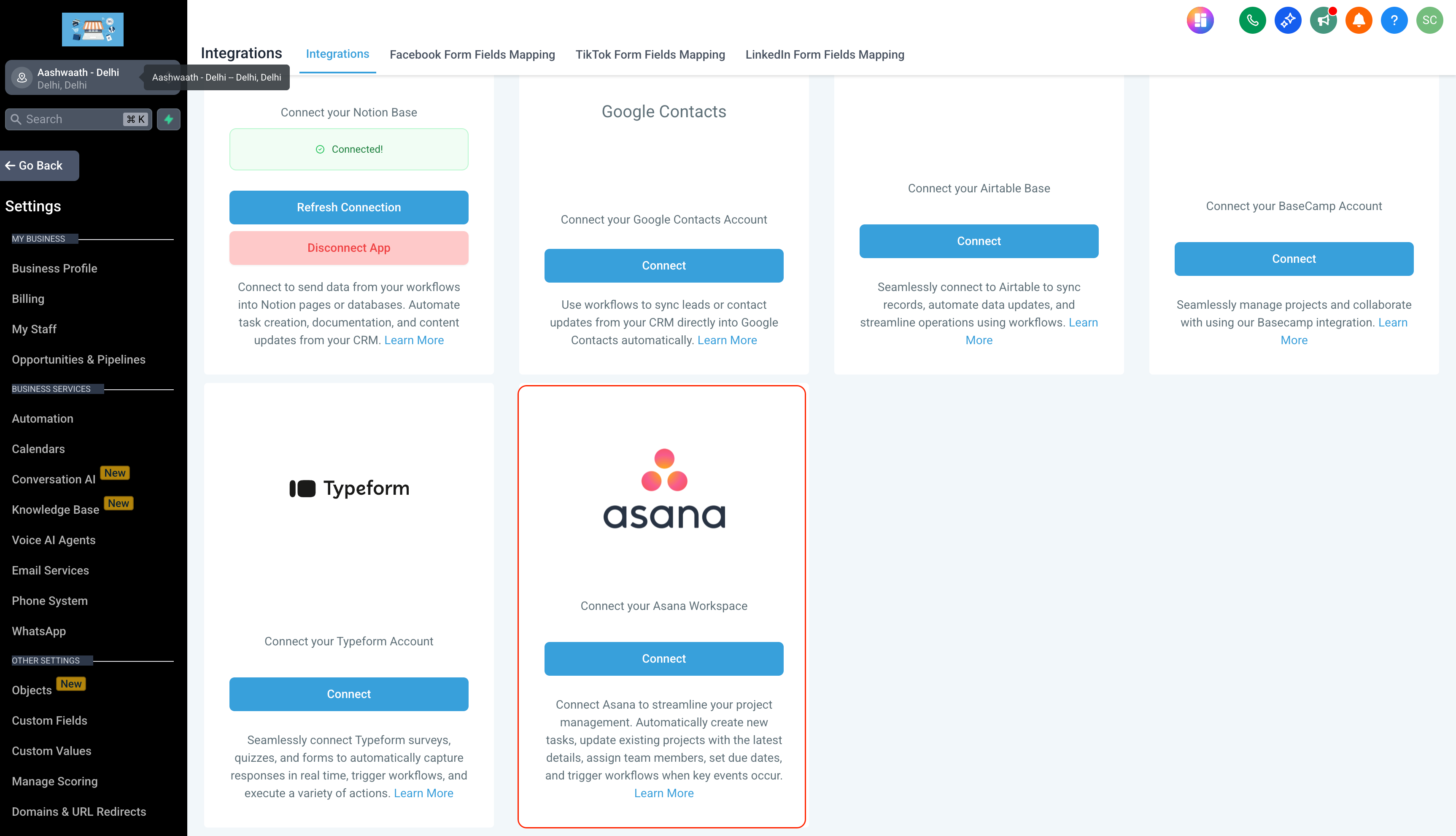 HighLevel integrations page displaying connected apps with Asana highlighted, showing the option to connect Asana to trigger tasks in workflows.