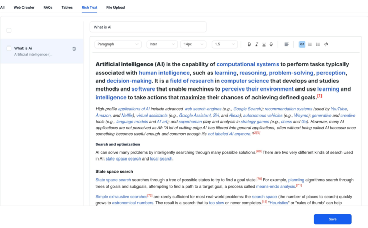 HighLevel Knowledge Base rich text editor displaying styled document with headings and links