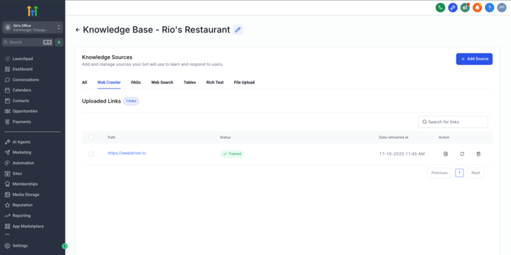 HighLevel Knowledge Base with trained web crawler links and source status visible