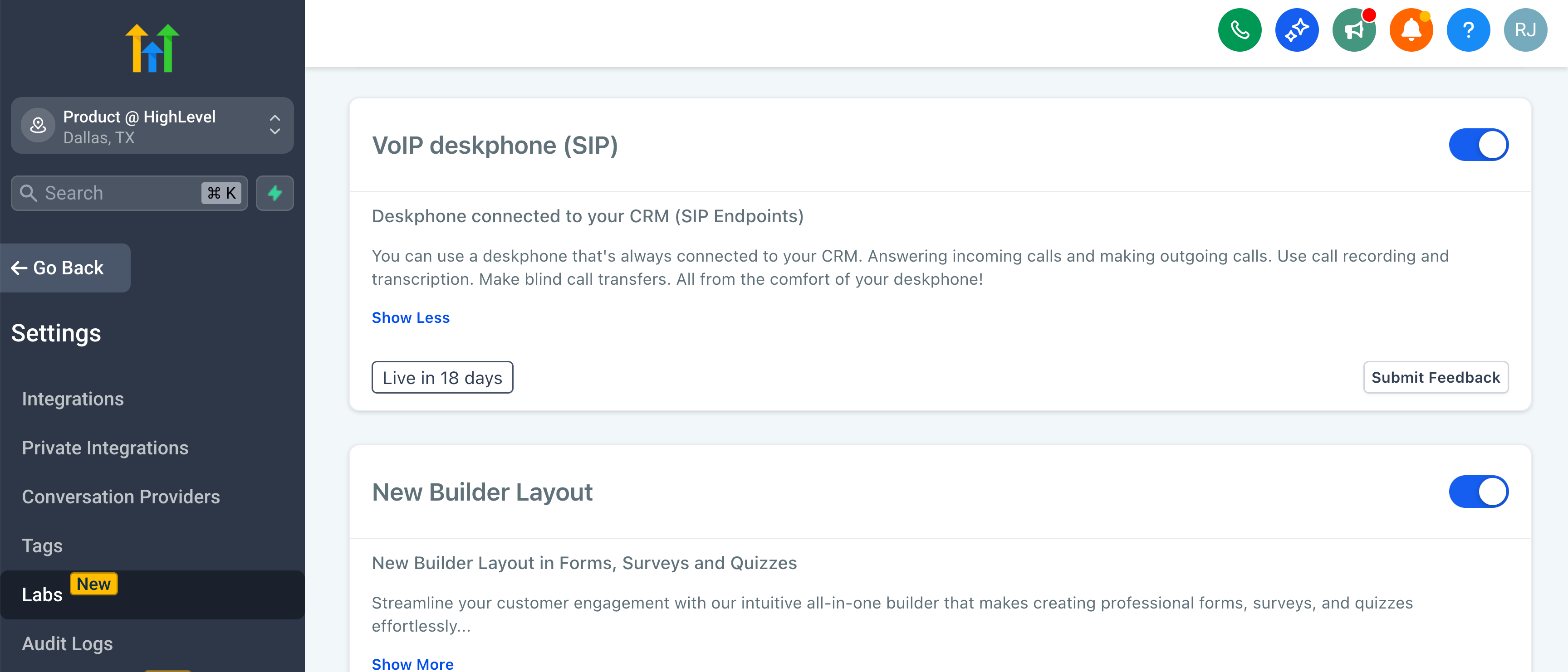 HighLevel Labs settings showing VoIP deskphone (SIP) feature toggle with description for CRM-integrated call handling