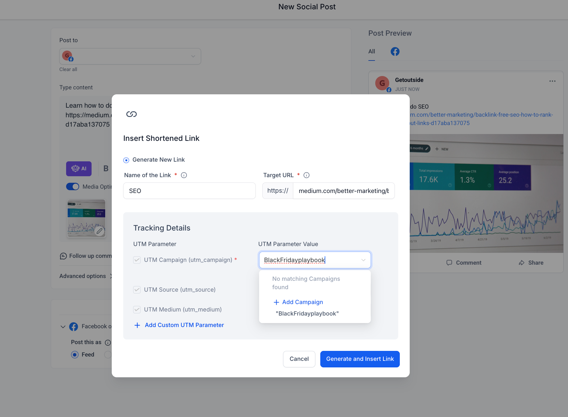 HighLevel link shortener modal showing UTM campaign setup for a Black Friday campaign and custom tracking parameters for a social post