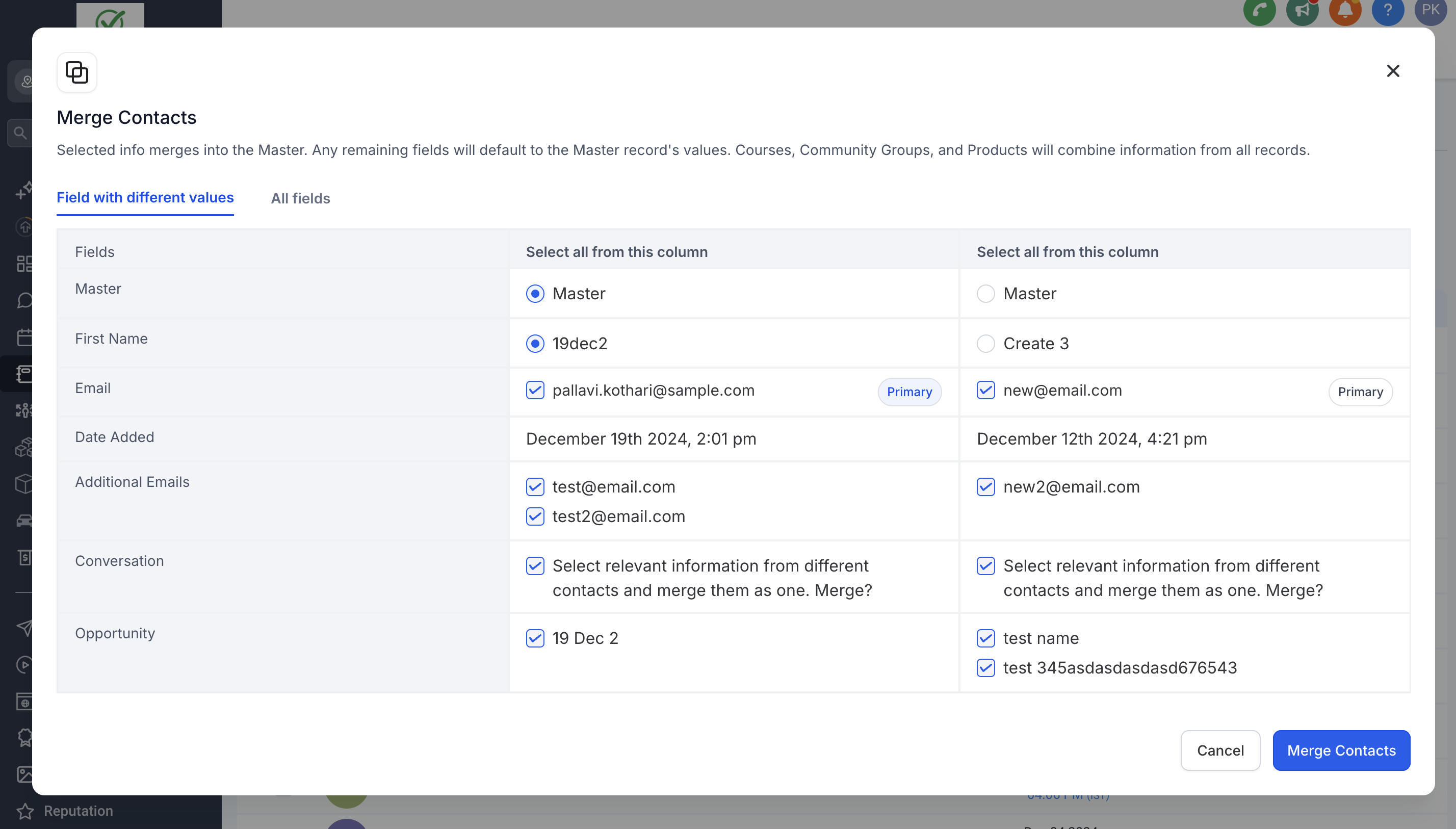 HighLevel merge contacts dialog displaying option to consolidate multiple emails and phone numbers