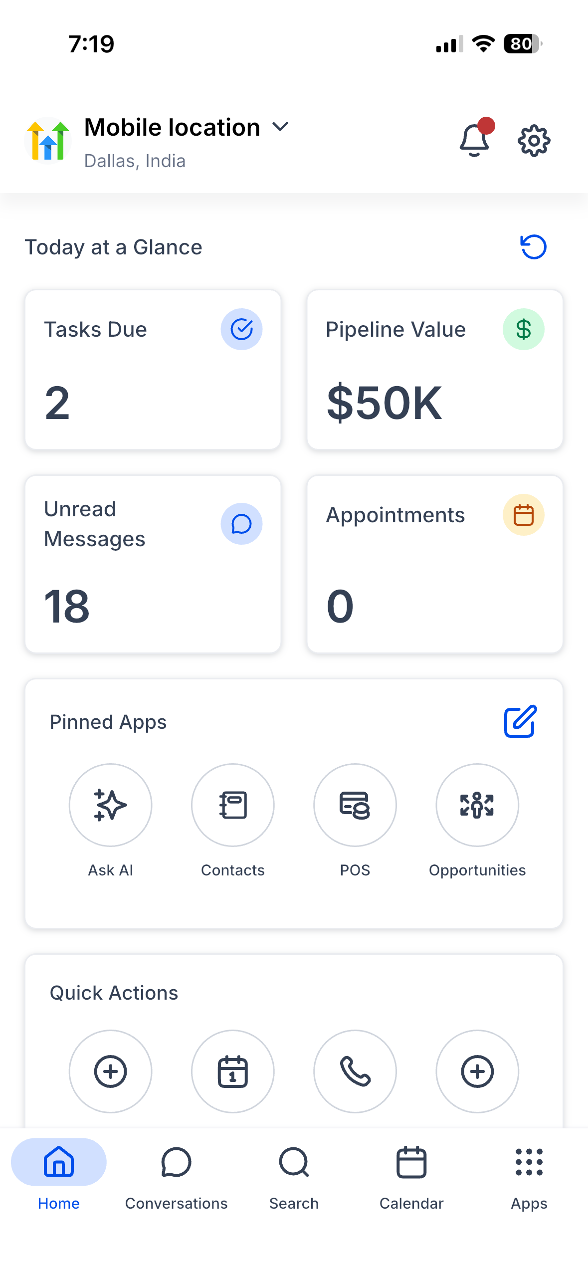 HighLevel mobile app dashboard showing task count, unread messages, pipeline value, and pinned app icons.