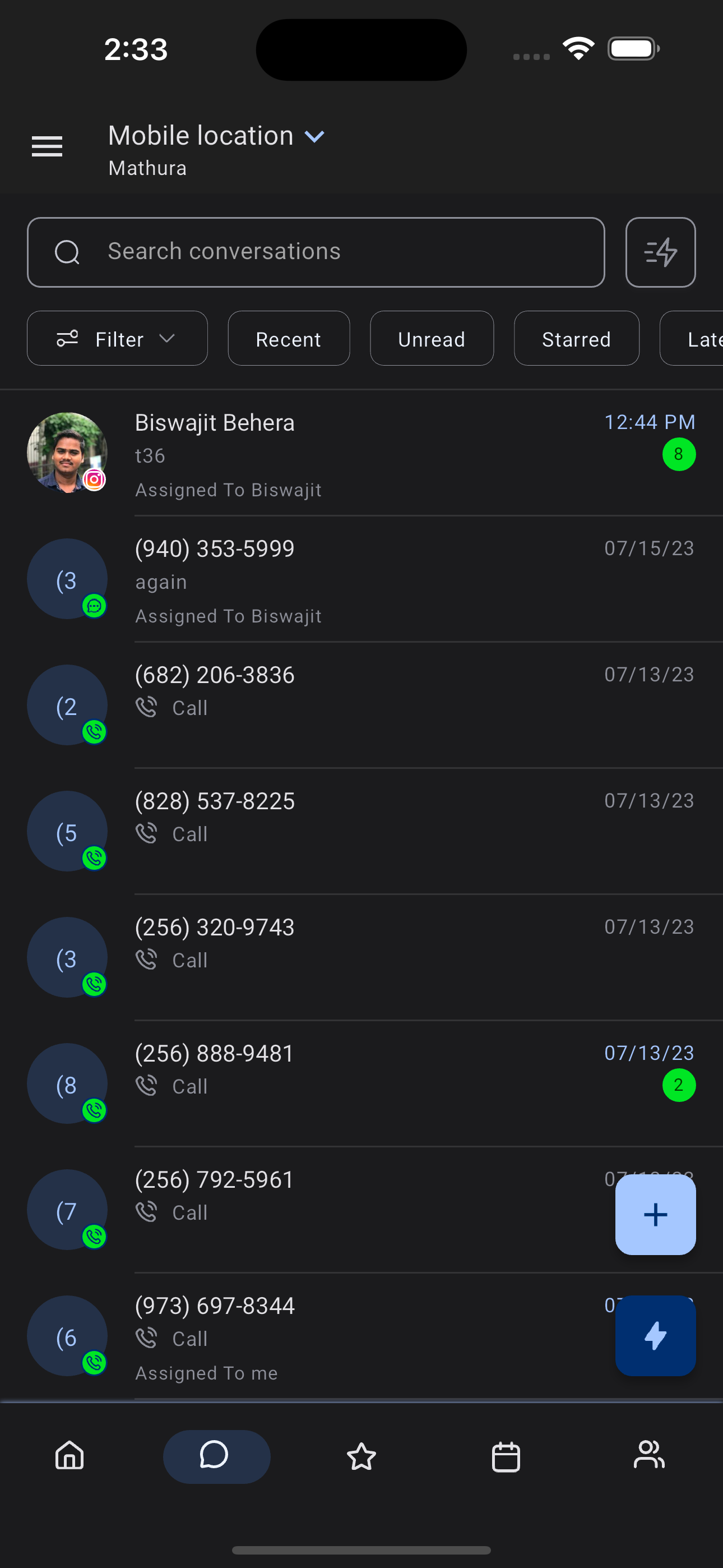 HighLevel mobile app inbox view showing recent calls and message threads organized by contact.