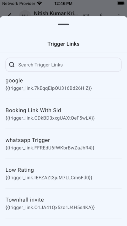 HighLevel mobile app interface displaying a list of saved trigger links, such as 