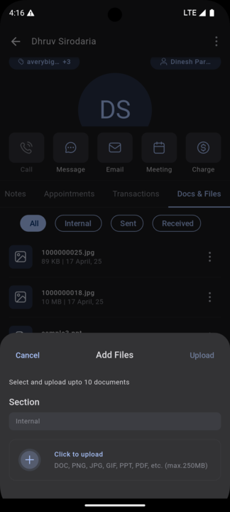 HighLevel mobile app screen displaying media upload interface with file type options and section folder navigation.