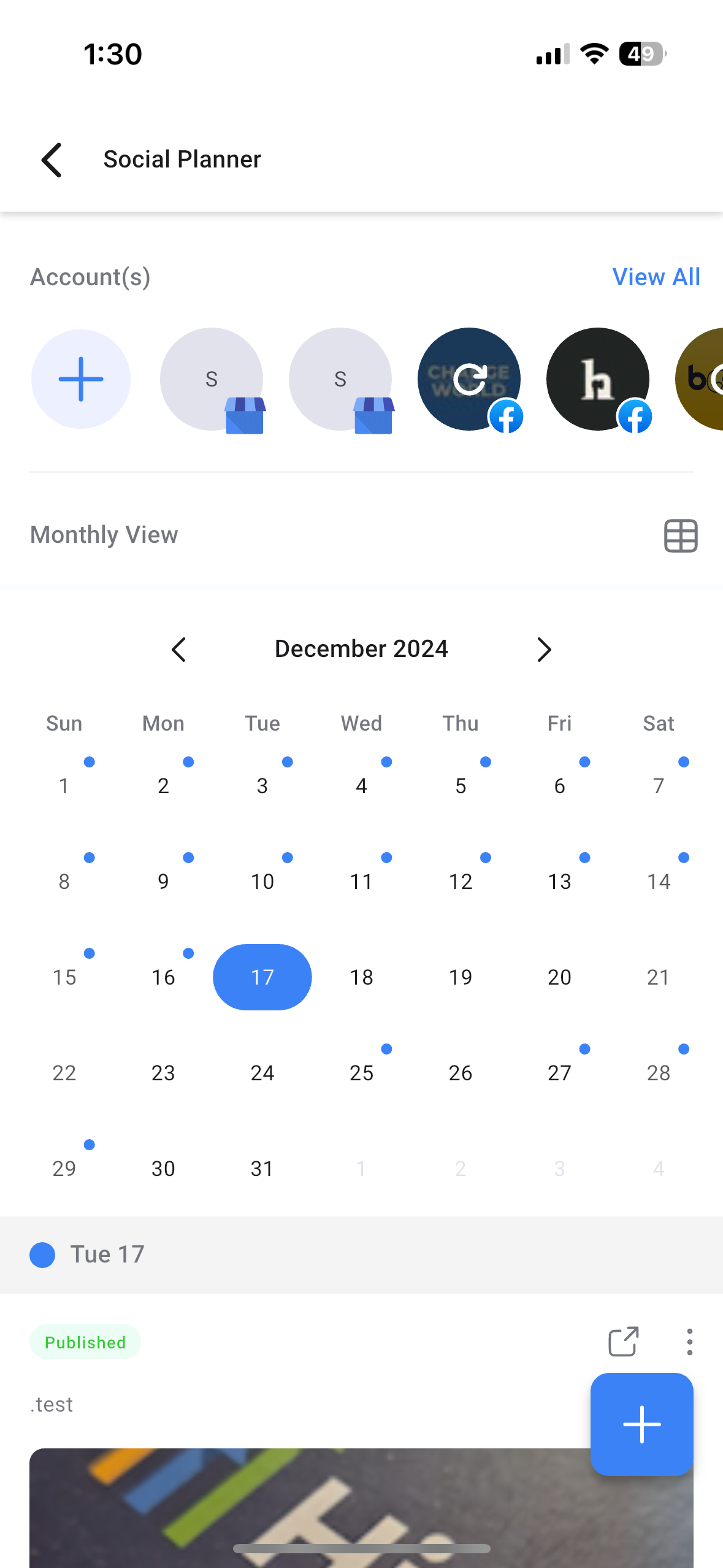 HighLevel mobile app showing Social Planner calendar with scheduled posts
