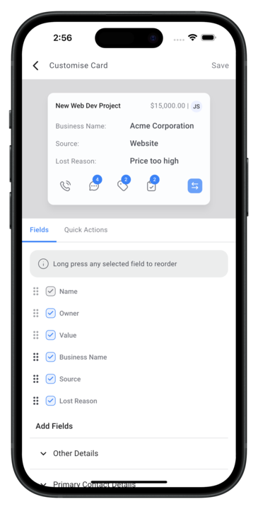 HighLevel mobile interface for customizing opportunity cards, showing options to reorder and toggle fields such as name, owner, value, business name, source, and lost reason.