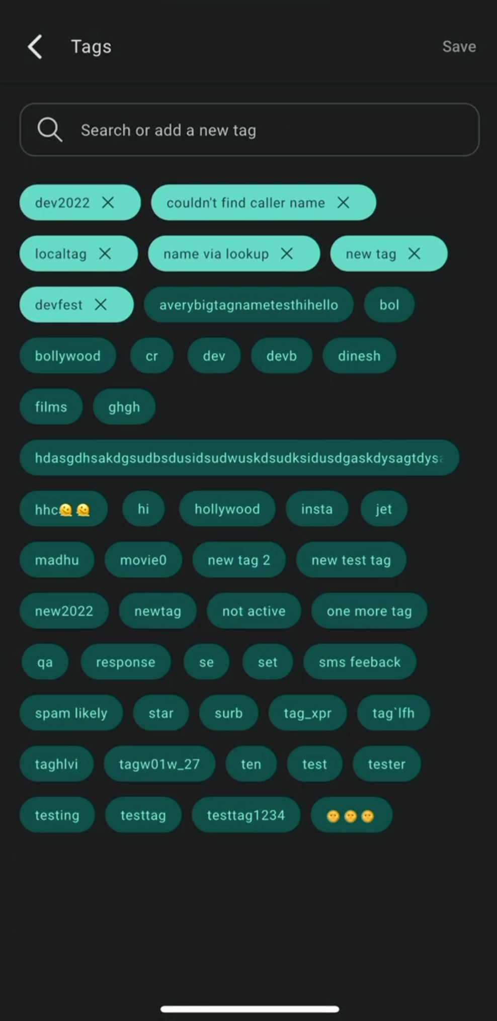 HighLevel mobile interface showing contact tag manager with searchable and editable tags displayed in a scrollable view.