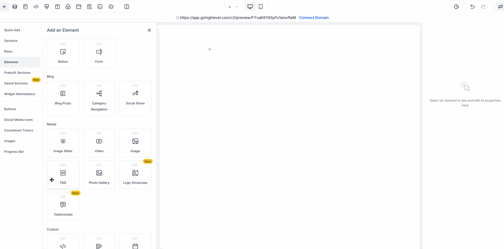HighLevel page builder interface showing available elements, including a highlighted new 