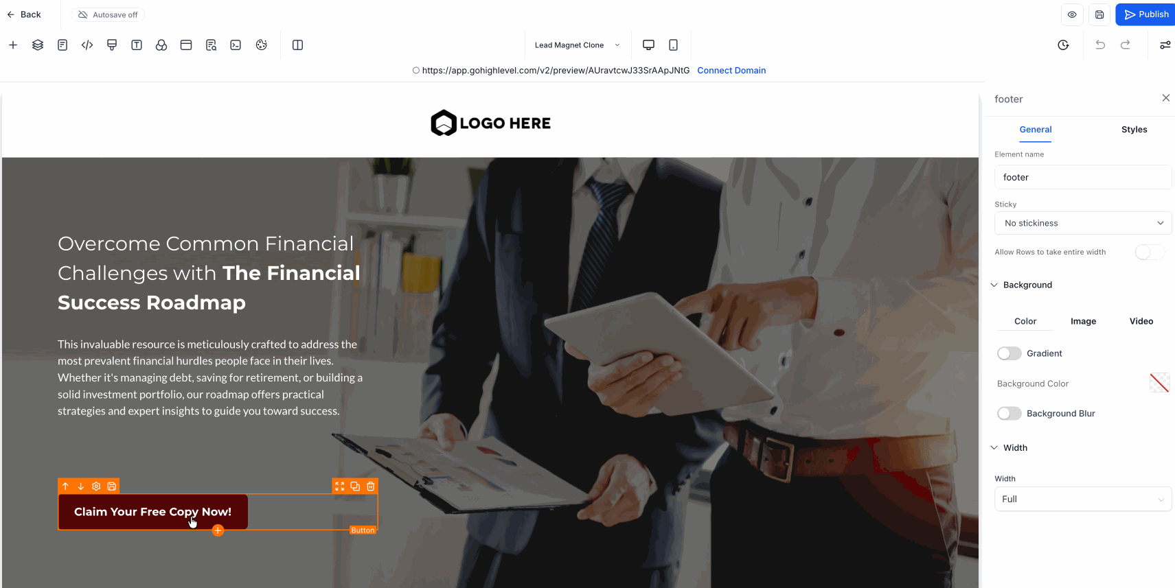 HighLevel Page Builder screen demonstrating Universal Elements, where editing a footer button updates every instance across funnels and pages in real time.